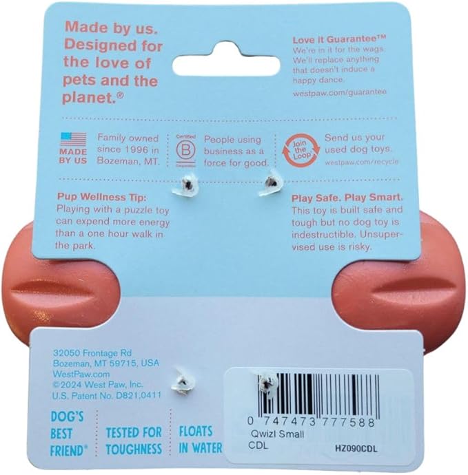 West Paw Qwizl Treat Dispensing Dog Toy for Tough Chewers- Durable Long Lasting Chew and Fetch Toy Keeps Dogs Engaged- Dishwasher Safe Safe Materials Made in USA - Cardinal Red, Small