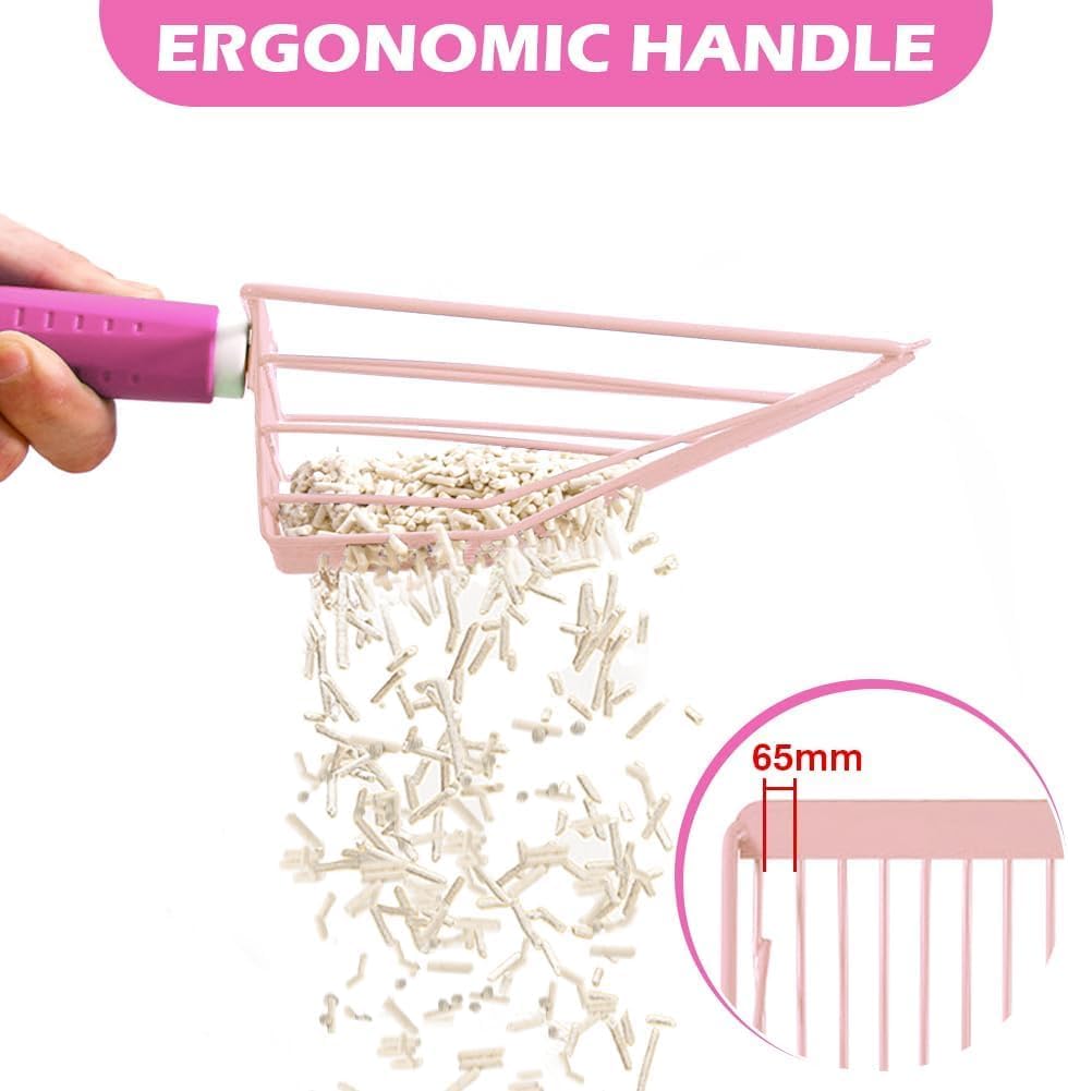 Cat Litter Scoop, 2-in-1 Detachable Ergonomic Handle, Metal, Bar Grid Shape with Suspendable Cord (Pink)