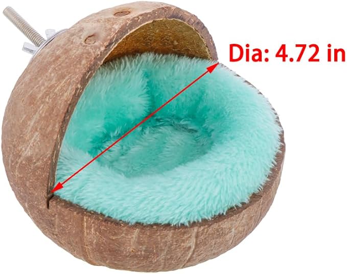 VTurboWay 2 Pack Natural Coconut Shell Parrot Nest Finch House Canary Bed Hanging Toy Breeding Nesting Anti-Pecking Bite with Warm Pad for Cages Sleeping Bird Bed