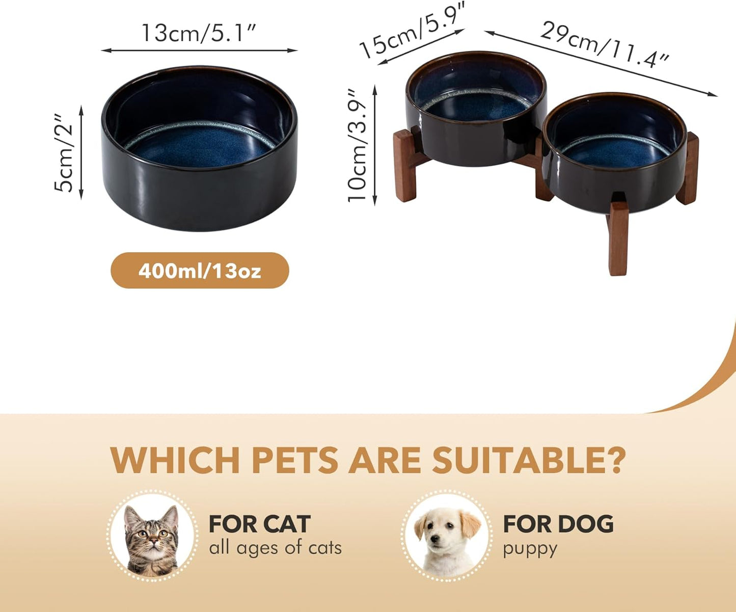 Ceramic 5.1inch Raised Double Bowls Set with Acacia Wood Stand, 2 Heights Elevated, Food & Water Bowls for Puppy, Kitty, Cats(13.5oz, Starry Sky)