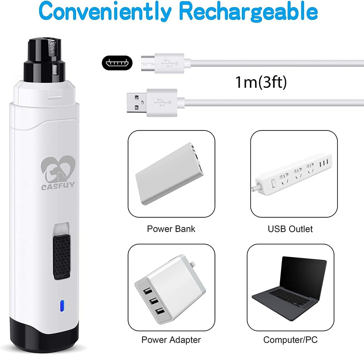 Casfuy Dog Nail Grinder Upgraded - Professional 2-Speed Electric Rechargeable Pet Nail Trimmer Painless Paws Grooming & Smoothing for Small Medium Large Dogs & Cats (White)