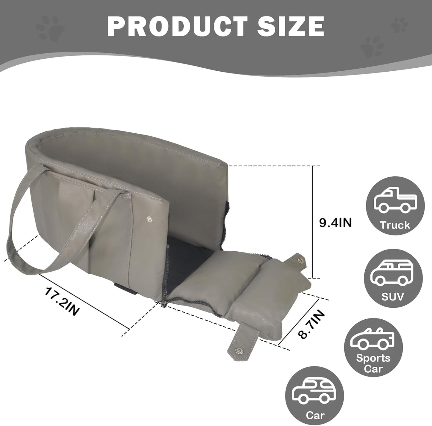 2 and 1 Center Console Dog Car Seat & Carrier for Small Dogs, Large Leather Dog Car Bed with Storage Pocket, Waterproof PVC Leather Seat Travel Bed for Front & Back Seat, Clip-On Safety Leash