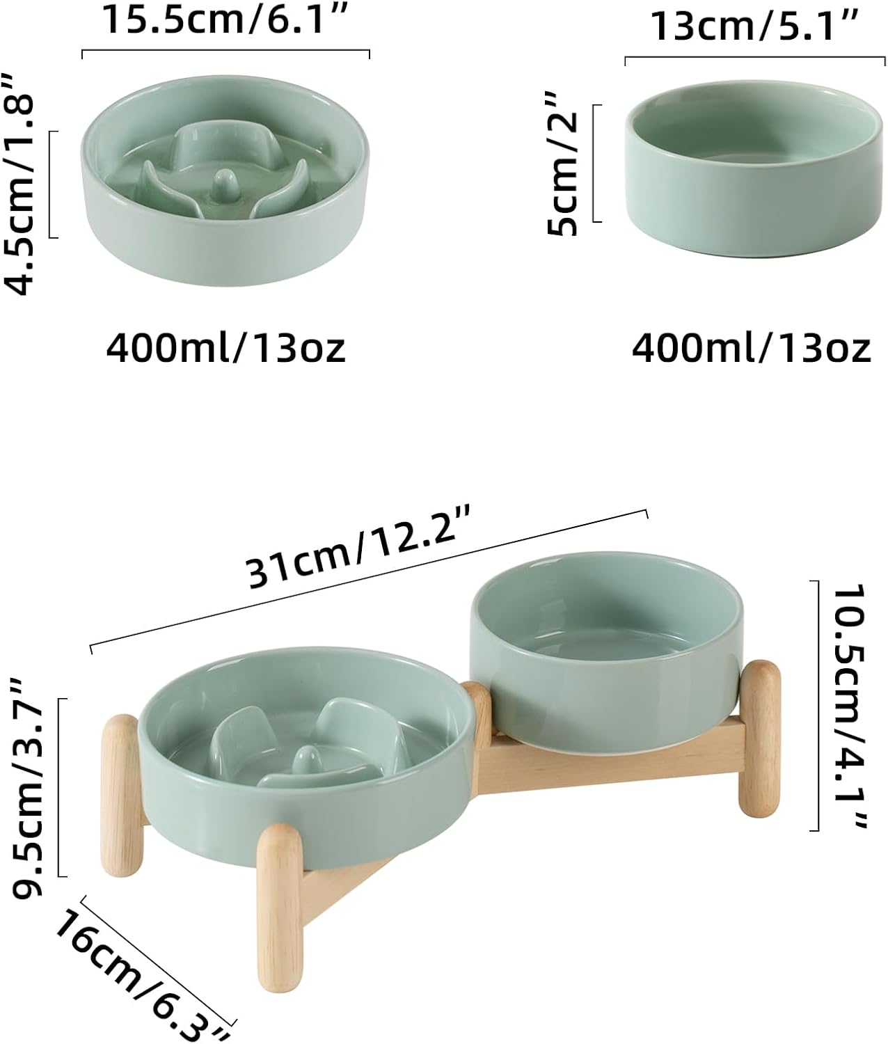 Ceramic Raised Slow Feeder Dog Bowl Set, Elevated 5.1inch Bowl and 6.1inch Puzzle Slow Pet Food Dish with Wooden Stand for Small Dog and Cat, Anti-Gulping (2X Light Green+ Stand)