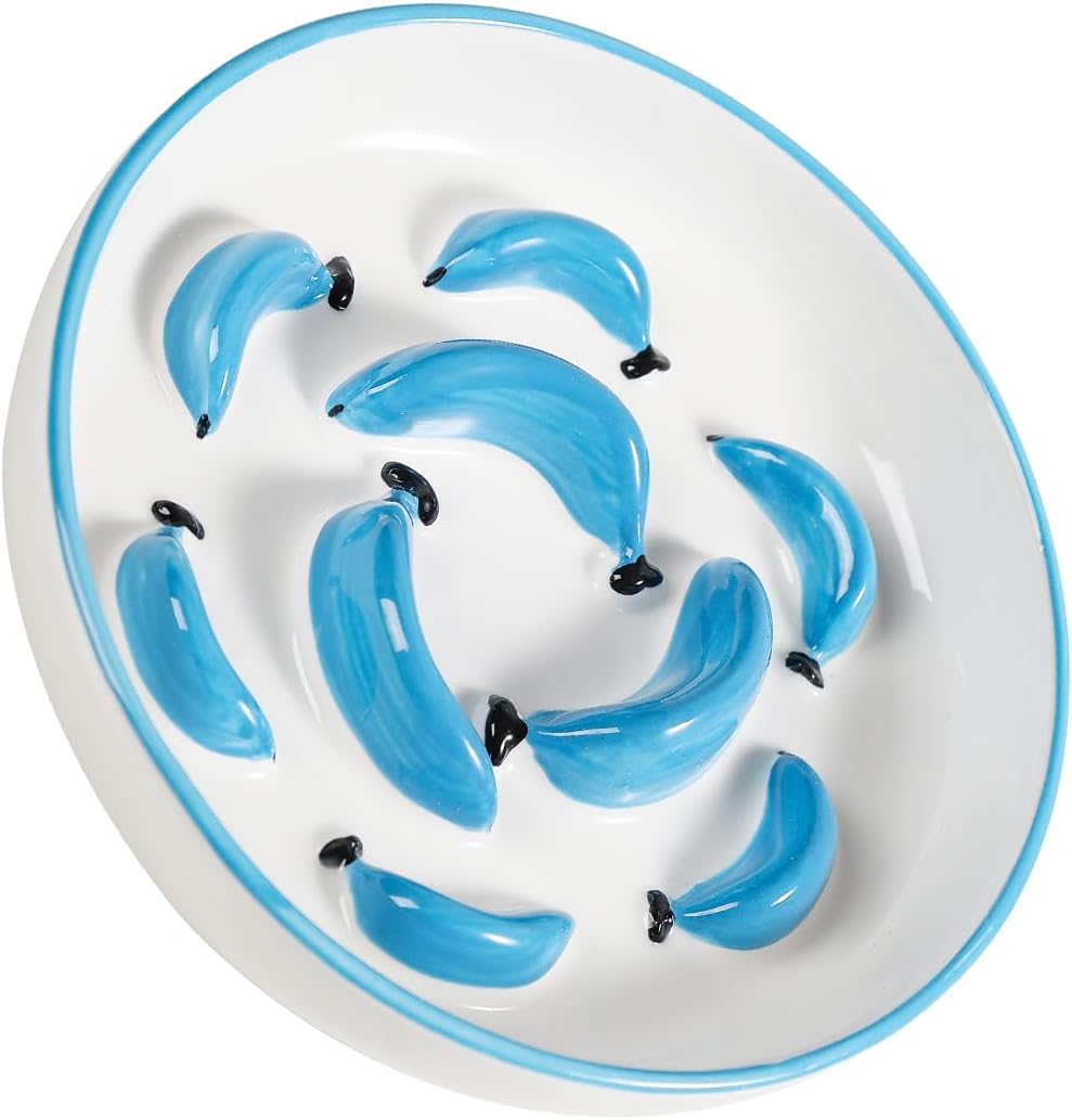Ceramic Cat Slow Feeder Bowl - Vibrant Cat Feeding Bowl - Cute Maze Food Dish for Slow Eating - Dishwasher Safe - 6.3''W x 1.2''H - 7 OZ - Blue