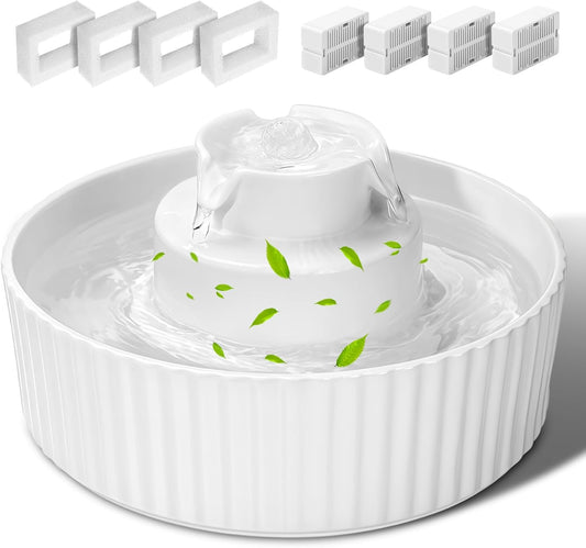 Ceramic Cat Water Fountain, 2.1L/70oz Porcelain Pet Drinking Dispenser with 4 Set Replacement Filter & Sponge, Automatic Dog Water Bowl with Ultra-Quiet Pump, Cat Feeding Watering Supplies(White)