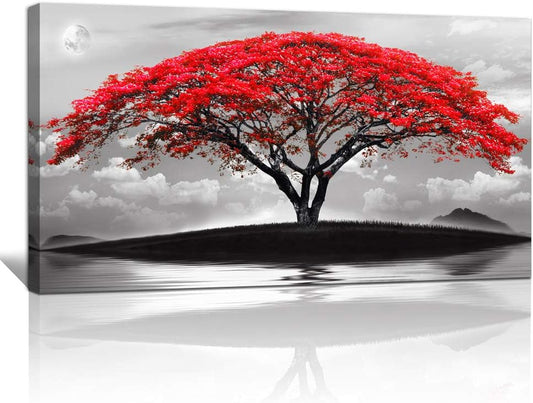 canvas wall art for living room bathroom Wall Decor Black and white landscape red tree moon scenery Hang painting Home Decorations for office bedroom kitchen Works canvas Prints pictures 20" x 40"inch