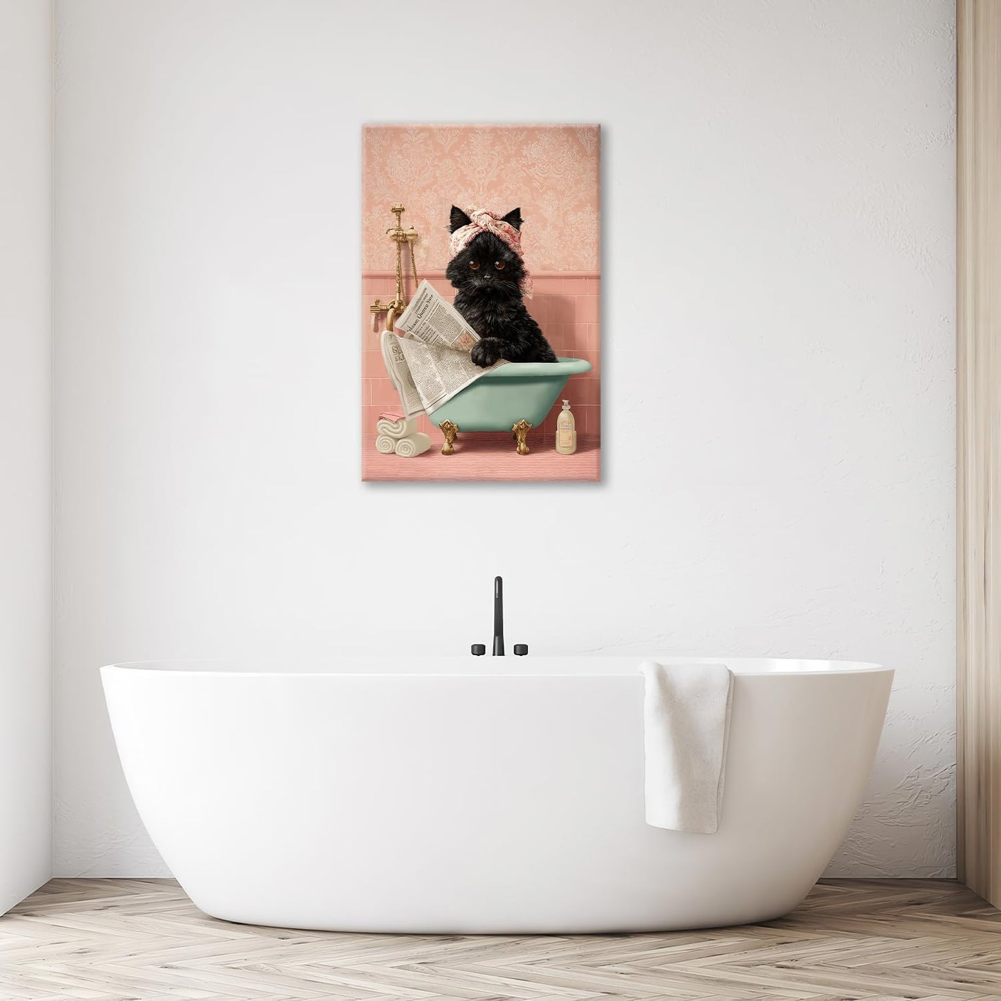 Cat Bathroom Wall Decor Black Cat Reading Newspaper in Bathtub Canvas Wall Art Funny Bathroom Pictures Kitten Painting Print Pink Artwork Framed Decorations Gifts 16"x24"