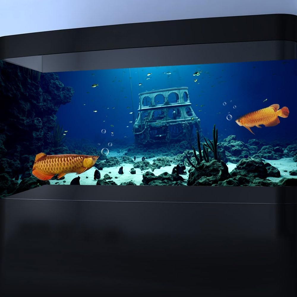 24X16IN Natural Underwater Aquarium Background, Pictures 3D Fish Reef Fish Tank Decoration Background, with 8 EVA Double-Sided Tape