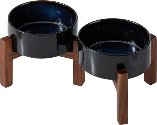 Ceramic 6.1inch Raised Double Dog Bowls Set with Acacia Wood Stand, 2 Heights Elevated, Food & Water Bowls for Small Dogs(28.2oz, Starry Sky)