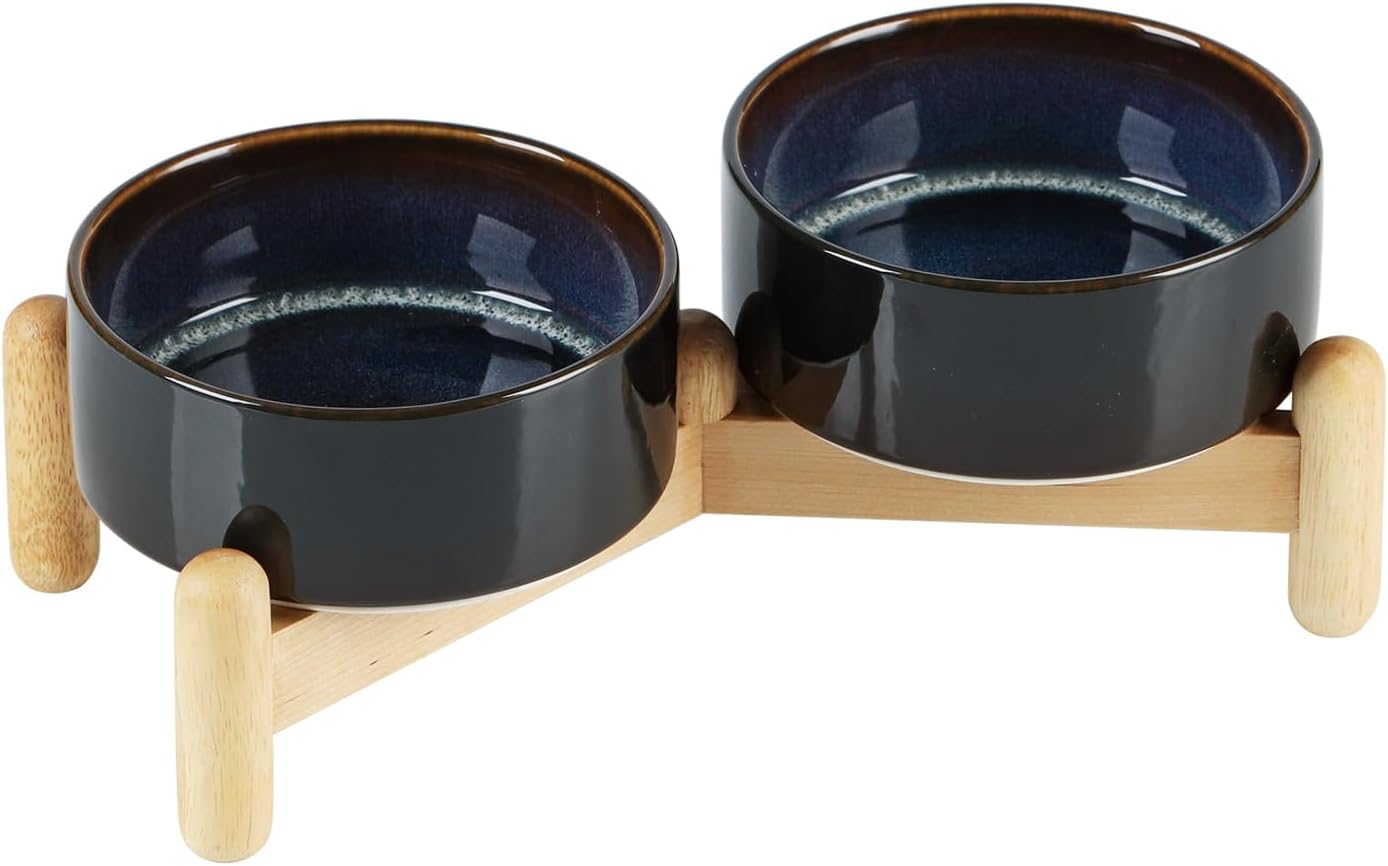 Ceramic 5.1inch Raised Double Bowls Set with Wooden Stand, Elevated Food & Water Bowls for Small Breed Dogs, Cats, Kitty, Weighted Dog Dishes, Pet Bowls(13.5oz, Starry Sky)