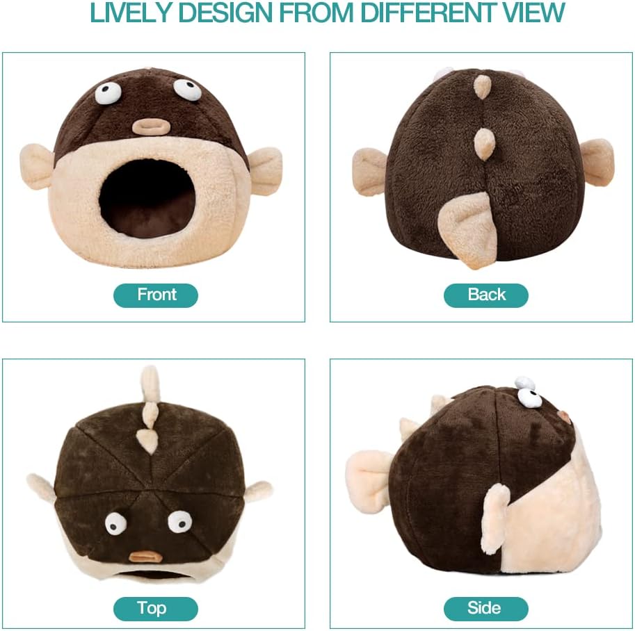 Cat Beds for Indoor Cats - Cat Bed Cave with Removable Washable Cushioned Pillow, Soft Plush Premium Cotton No Deformation Pet Bed, Lively Pufferfish Cat House Design, Brown, Multiple Sizes(L)
