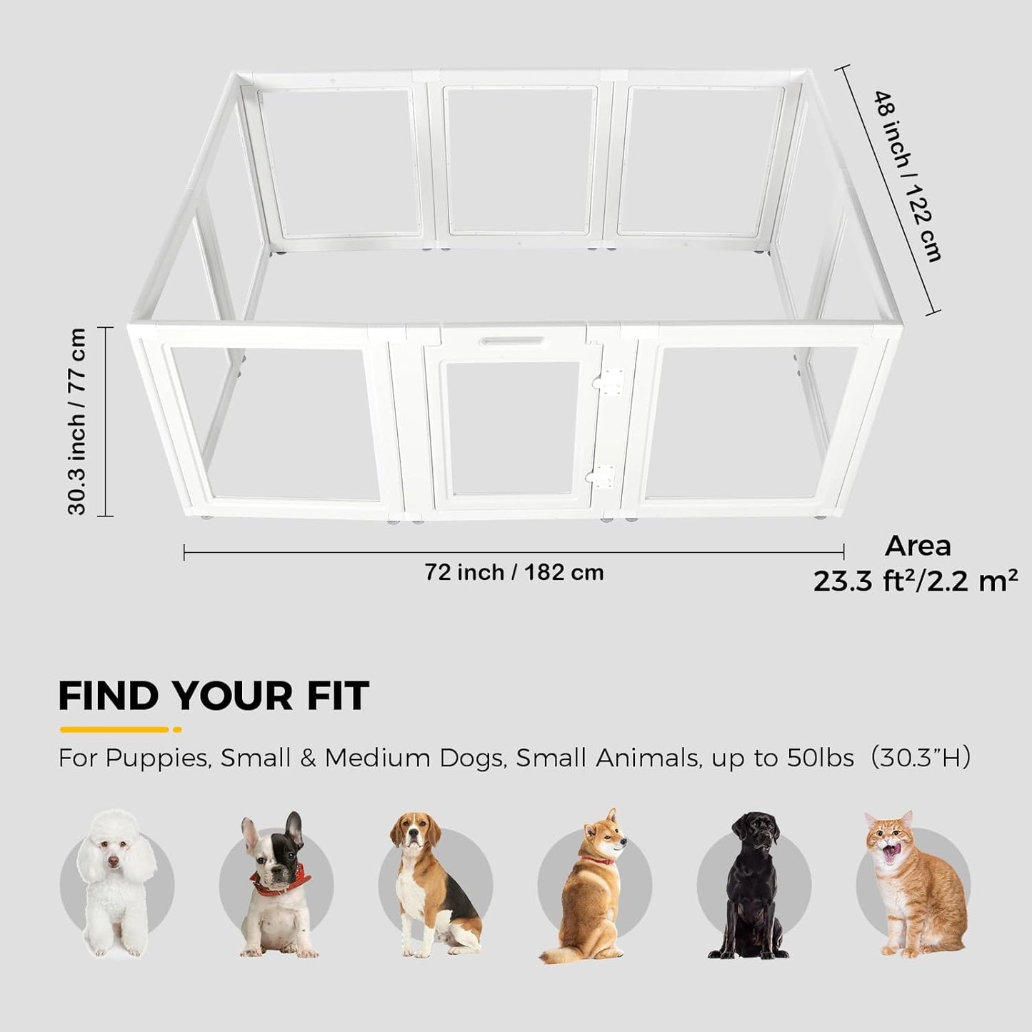 Clear Acrylic Plastic Dog Playpen - Clear Dog Play Pen - Easy Assemble Acrylic Dog Playpen - Puppy Playpen, Cat Playpen, Small Animal Playpen, Dog Play Pen Indoors (White, 30.3" H, 10PCS)
