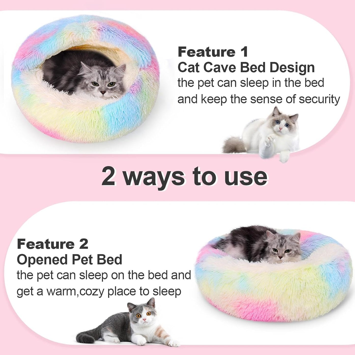 Calming Dog Beds & Cat Cave Bed with Hooded Cover,Removable Washable Round Beds for Small Medium Pets,Anti-Slip Faux Fur Fluffy Coved Bed for Improved Sleep,Fits up to 15/25 lbs(Colorful,S)
