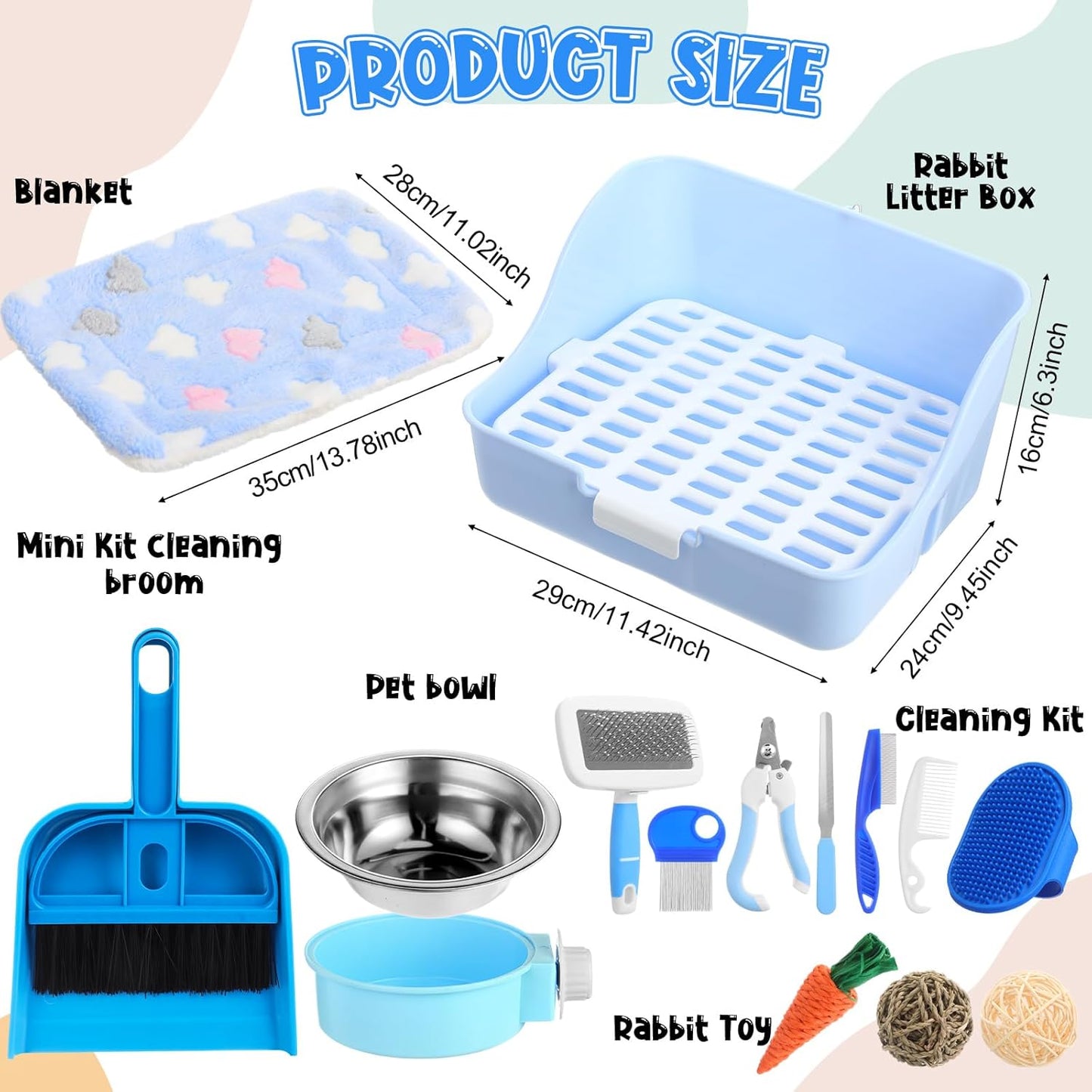 15 Pcs Rabbit Starter Kit Small Rabbit Litter Box Animal Grooming Kit Bunny Toys Bowl Blankets with Cleaning Set for Guinea Pig Accessories(Candy Blue)