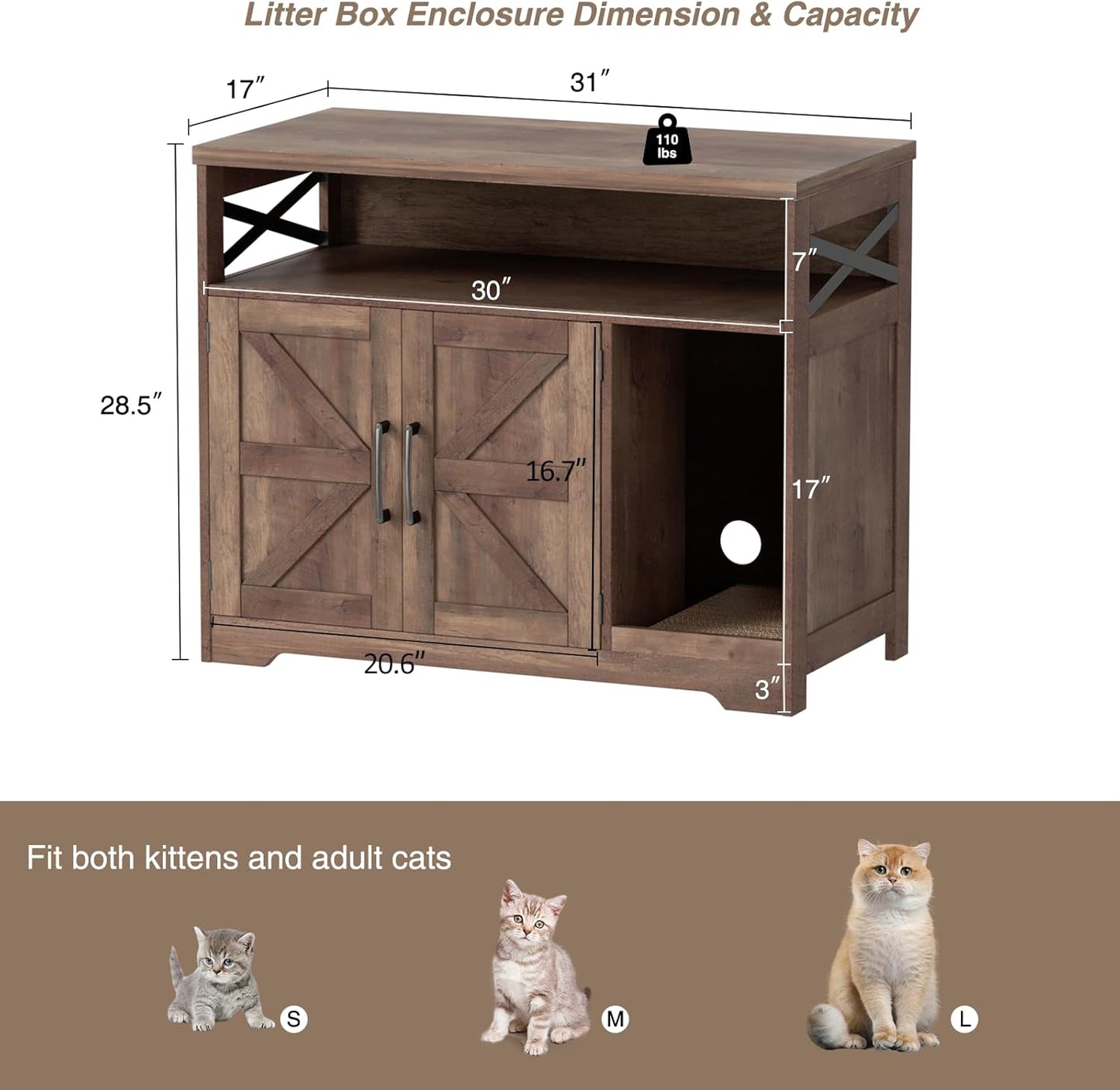 Cat Litter Box Enclosure, Hidden Litter Box Furniture with Scratch Pad, Farmhouse Indoor Cat House Washroom End Table, Retro Brown