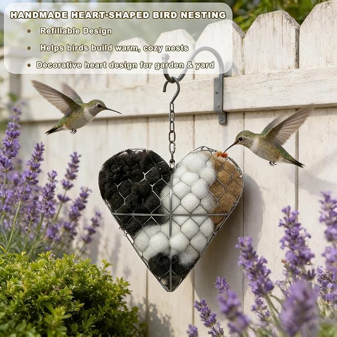 Handmade Fiber Bird Nesting Heart, Refillable,Birds Nests Material Holder, Winter Tree Shelter for Wild Bird,Outside Garden Art Birdhouse,Animal Hummingbirds Lovers Home