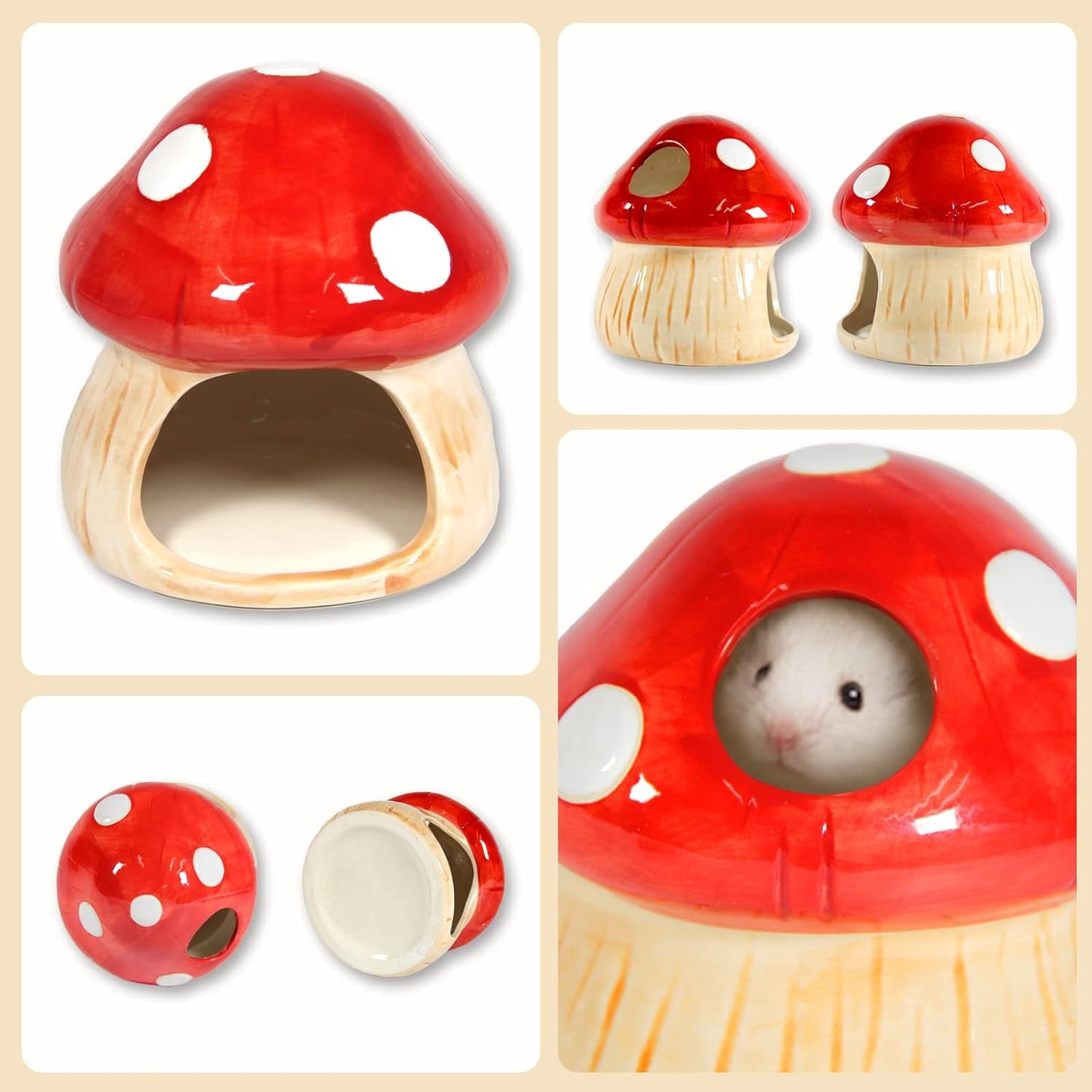 Ceramic Mushroom Guinea Pig House Hamster Hide Bed Includes Hamsters Food Bowl Guinea Pig Hideout for Hamster Chinchilla Hedgehog Rat Small Animals(Red Mushroom Set)