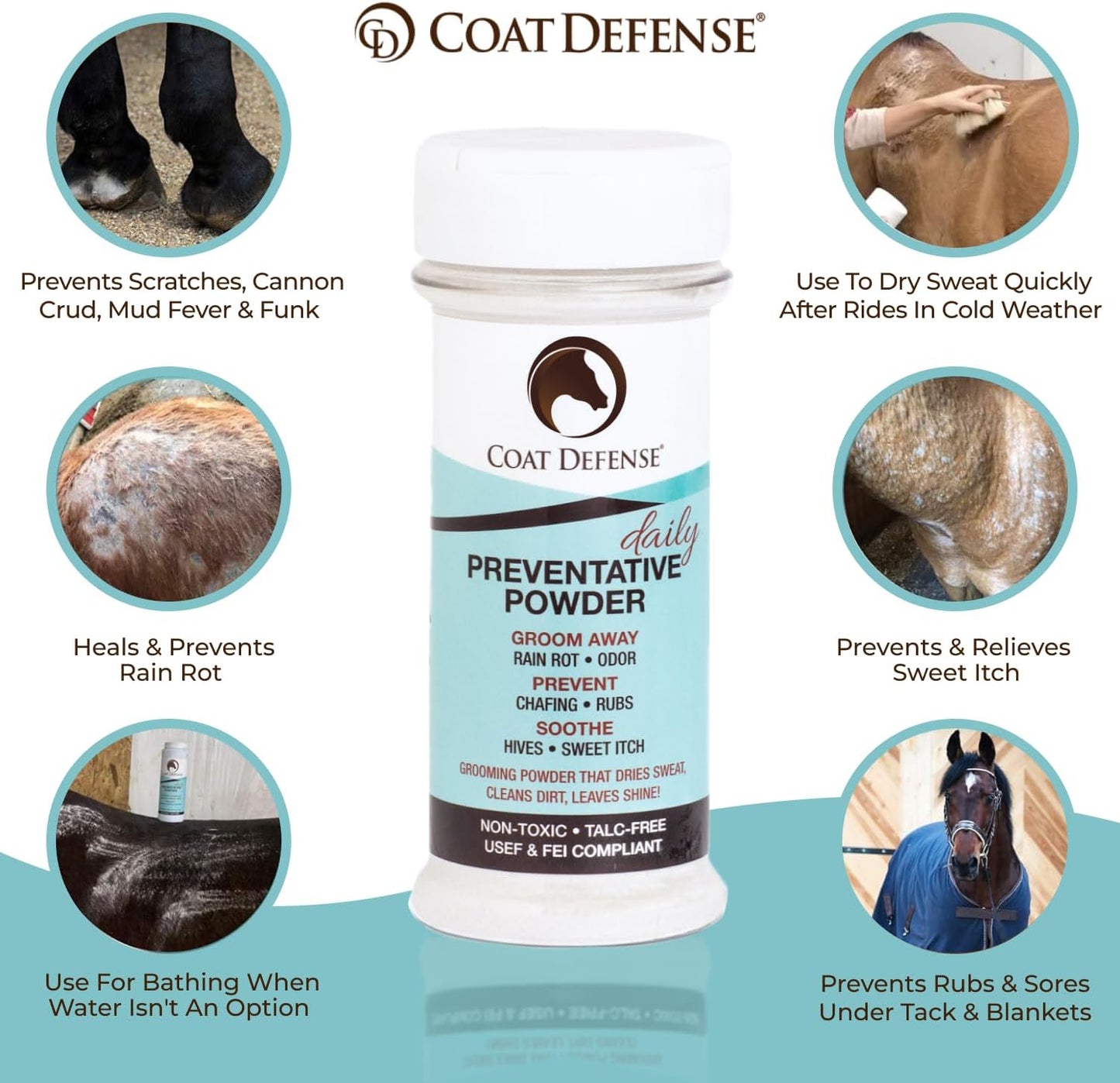 Coat Defense Daily Preventative Powder for Horses - Safe & Effective Equine Sweet Itch, Skin Funk, Scratches, & Rain Rot Treatment - Dry Shampoo for Horses, 8 oz Formula with All Natural Ingredients