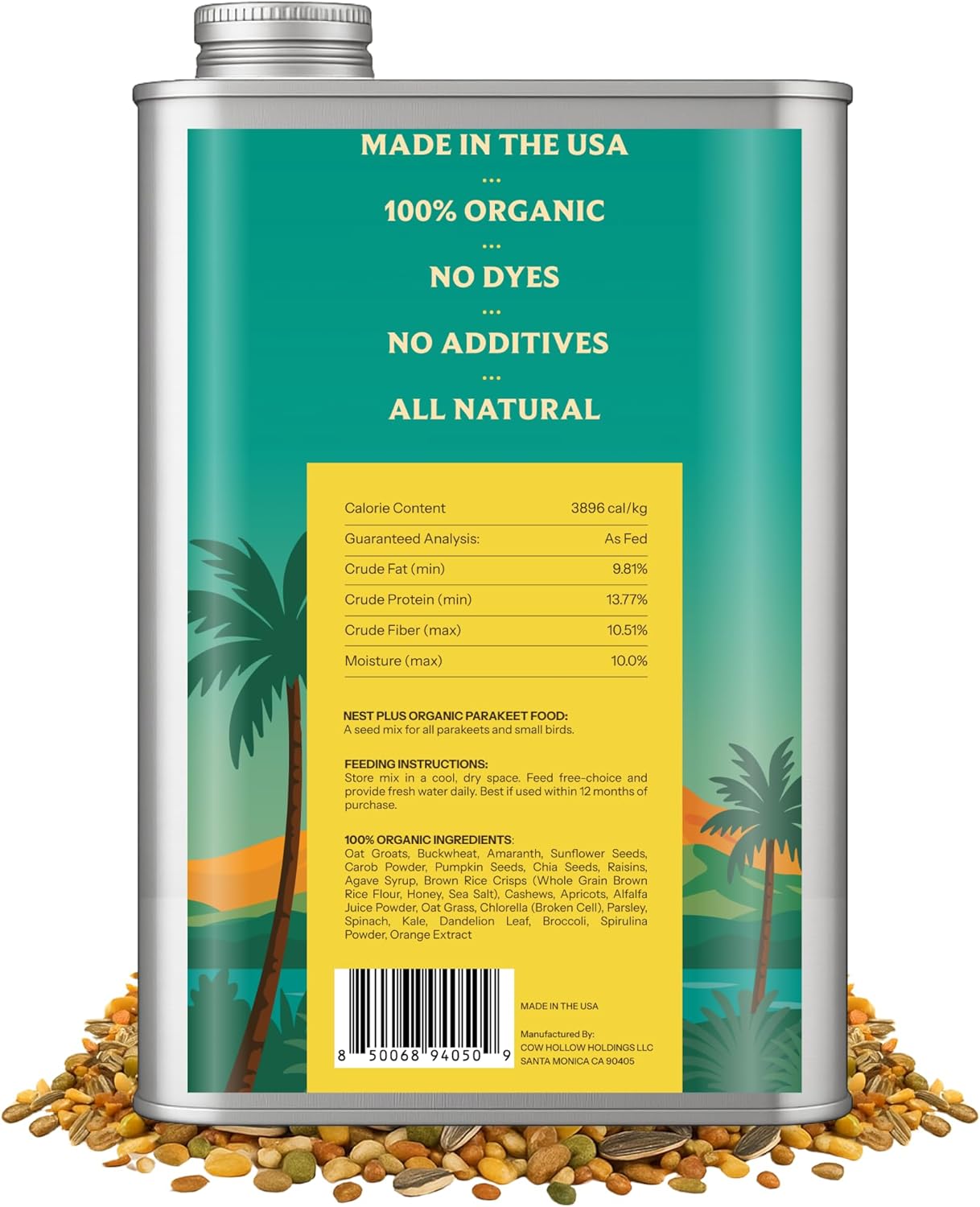 100% Organic Parakeet Food – Premium Bird Seed Mix with Oat Groats, Buckwheat, Amaranth, Super Veggies & Seeds – Reusable Tin + Stainless-Steel Scooper – Made in USA, Human Grade Ingredients (2lb)