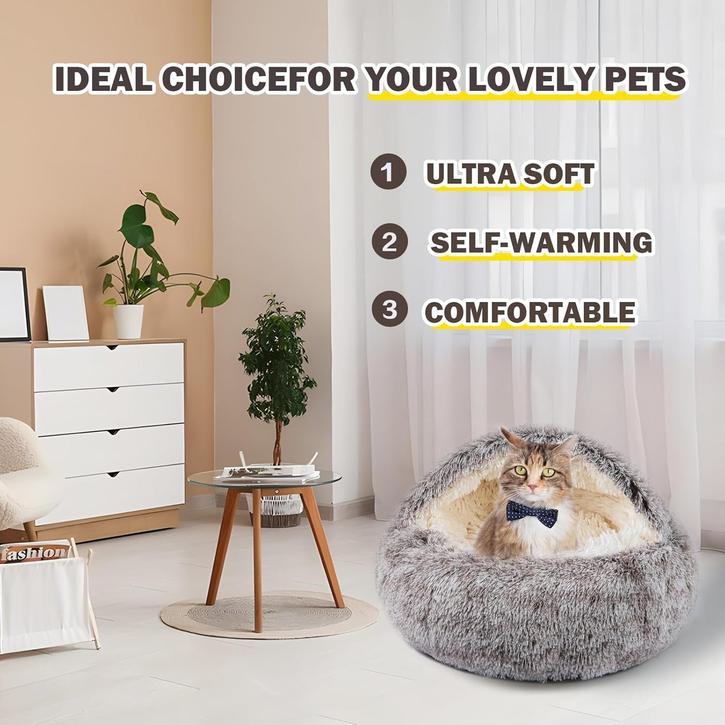 Cat Bed for Indoor Cats, Calming Cozy Cave with Self-Warming Plush, Entire Bed Machine Washable & Anti-Slip Base, Breathable Pet Bed for Small Cats&Dogs All Seasons (Khaki, 20 * 20inch)