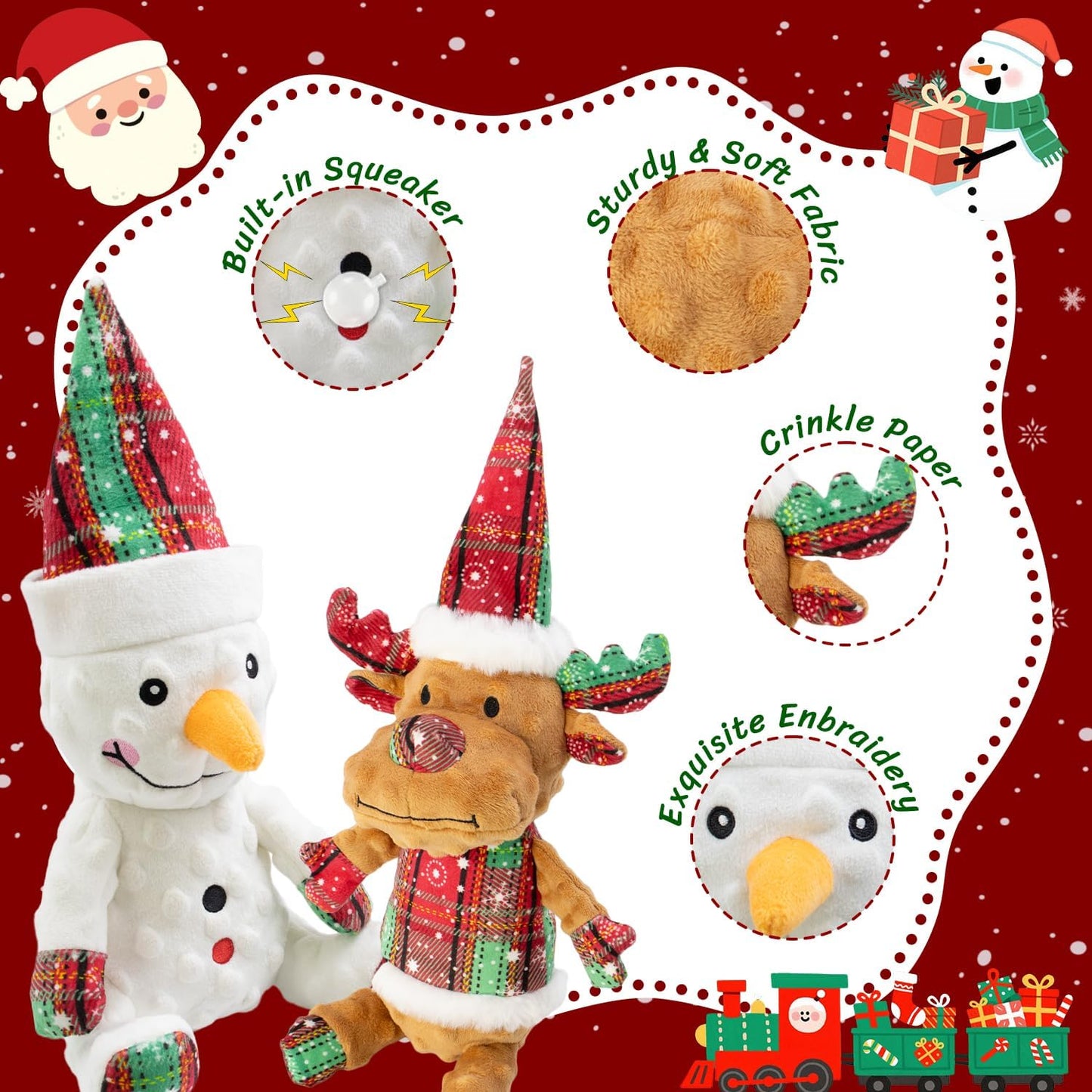 Christmas Dog Toys Squeaky 2-Pack Interactive Puppy Teething Chew Toy Deer Snowman Shape with Crinkle Sound Paper Tail Stuffed,Keep Them Busy, for Large Medium Small Breeds
