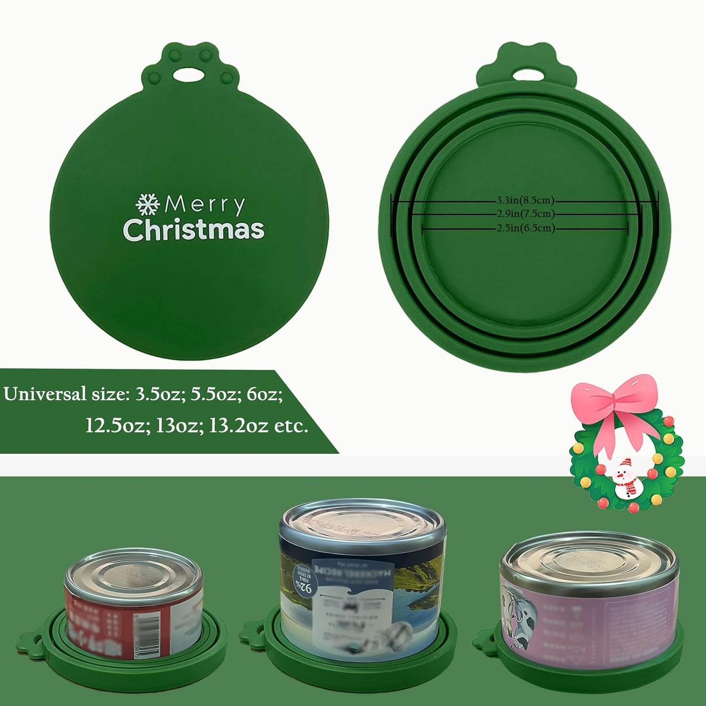 Christmas Pet Set - 3 Cat Food Can Lids & 1 BPA-Free Can Opener | Cute Paw Shape Opener Spatula Spoon for Wet Food | Silicone Spoon & Covers for Dog Cat - Christmas Green