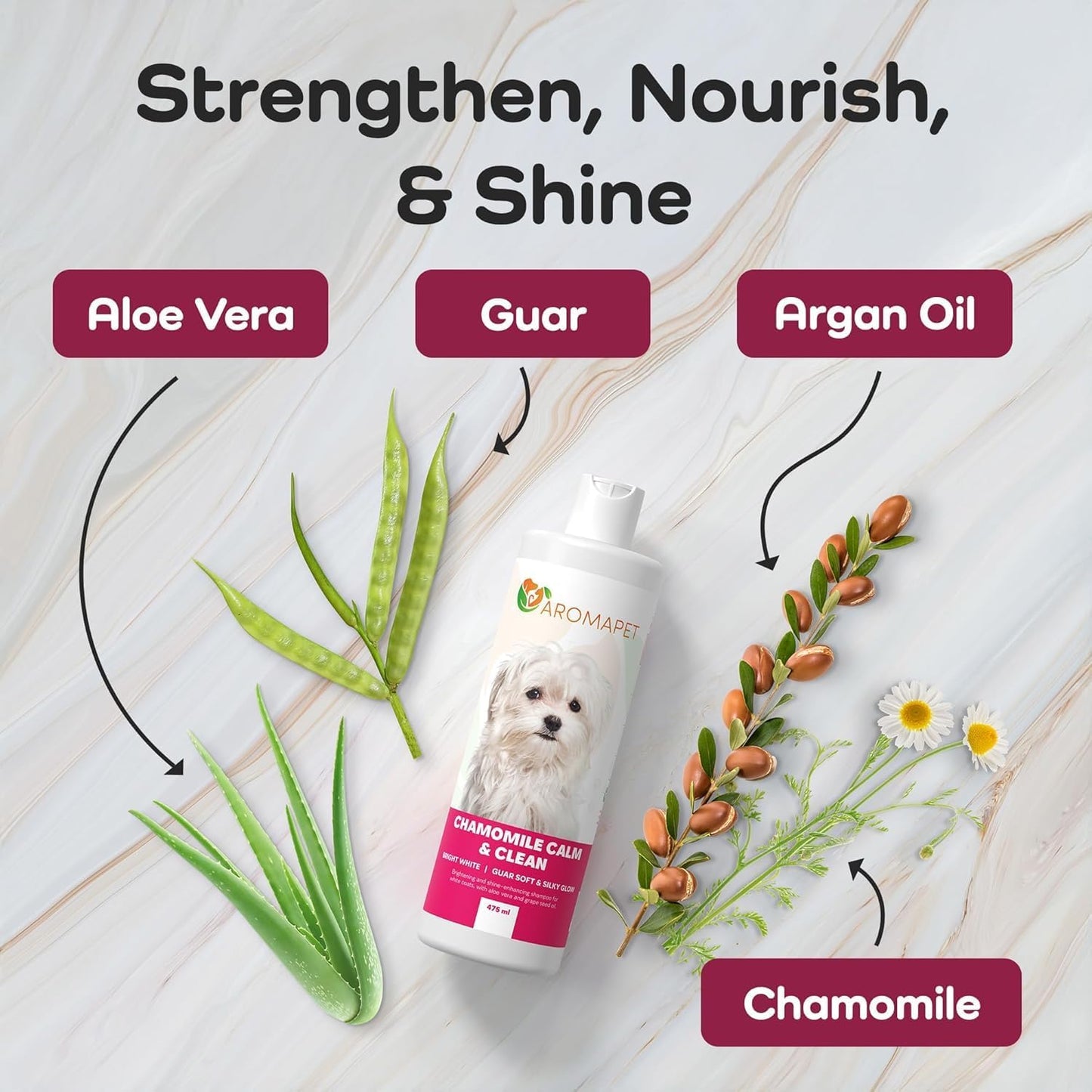 Chamomile Calm & Clean Dog Shampoo for White Coats - Deodorizing Dog Shampoo with Aloe, Argan Oil, Chamomile, Grape Extract - Great for Maltese, Gentle, Hypoallergenic. Soft & Silky Glow.