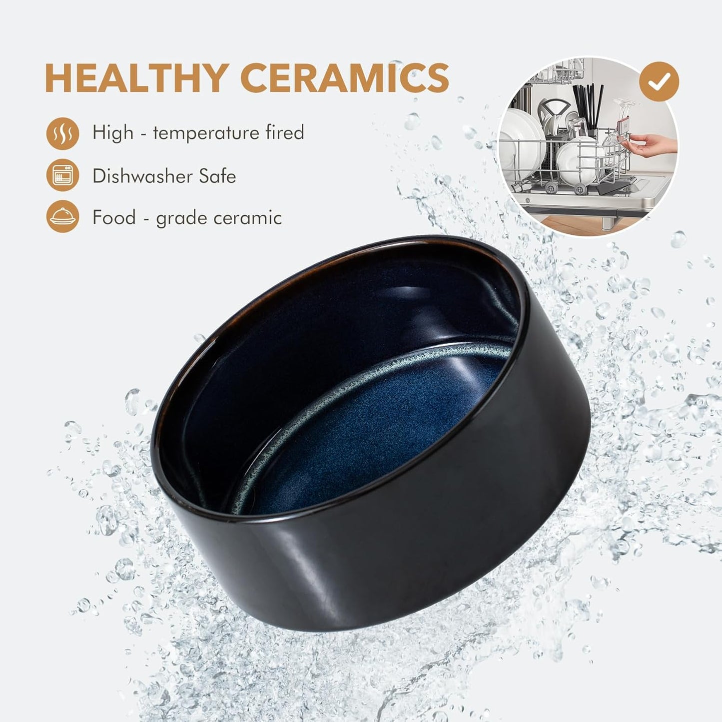 Ceramic 6.1inch Raised Dog and Cat Bowl Set, 2 Heights Elevated Wooden Stand for Small Breed Dogs, Weighted Pet Food and Water Dishes(6.1'',28.7oz, Starry Sky)