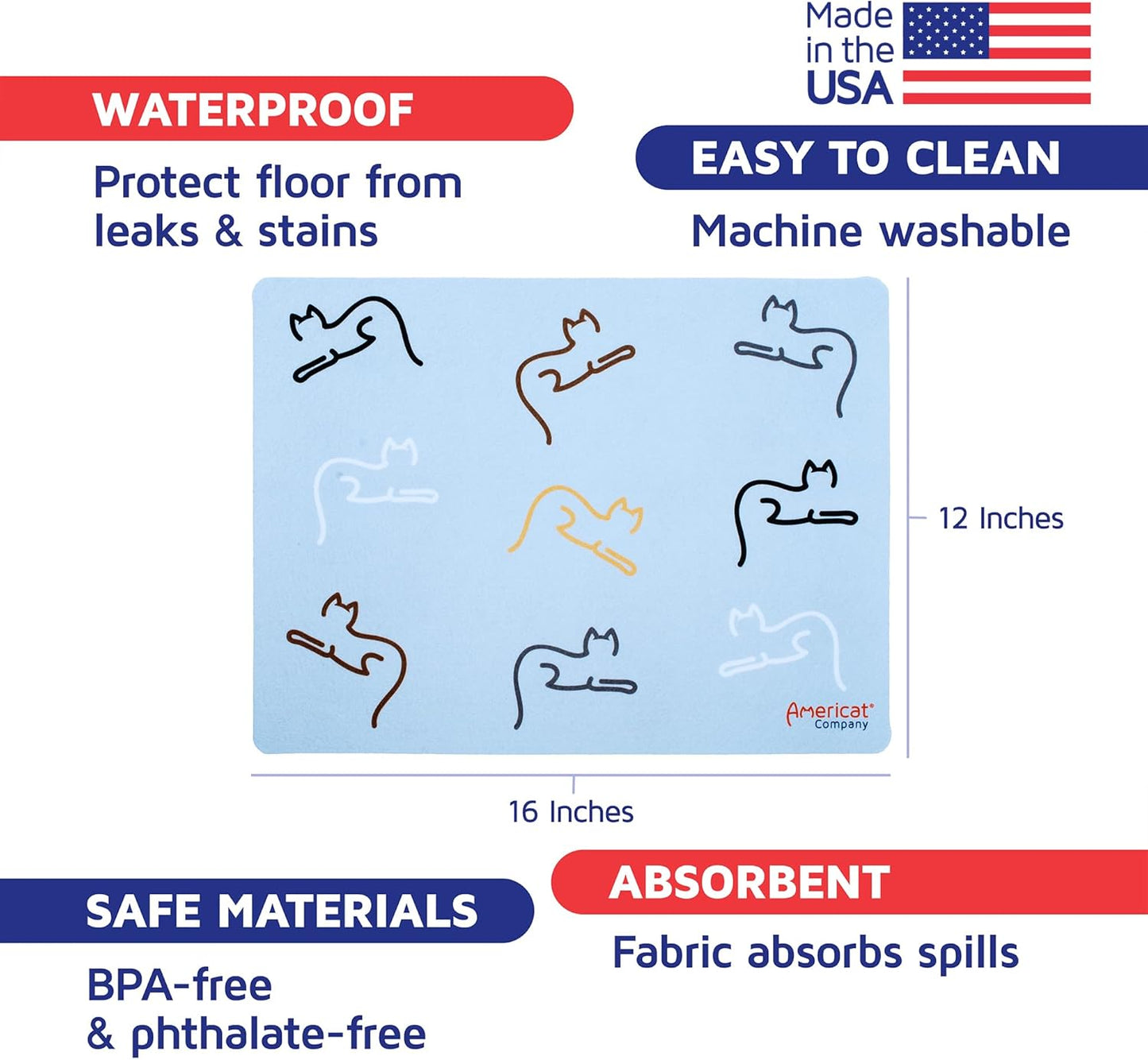 Cat Feeding Mat by Americat for Cat Food & Water Bowls – Machine Washable, Waterproof, No-Slip & Made in USA Cat Placemat – Protect Floors from Messy Eaters & Drinkers – 16 x 12 Inches (Cats)