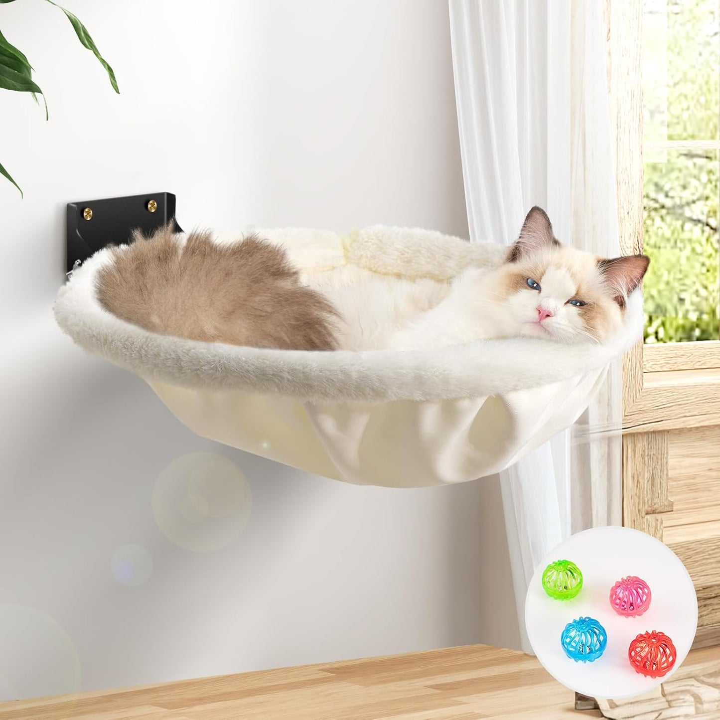 Cat Hammock Wall Mounted, Foldable & Stable Cat Beds- Breathable Cats Wall Shelves for Sleeping, Playing, Climbing, and Lounging - Maximum Hold Up to 30lb(Cream,Faux Rabbit Fur)
