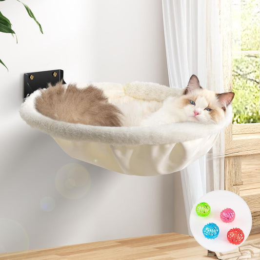 Cat Hammock Wall Mounted, Foldable & Stable Cat Beds- Breathable Cats Wall Shelves for Sleeping, Playing, Climbing, and Lounging - Maximum Hold Up to 30lb(Cream,Faux Rabbit Fur)