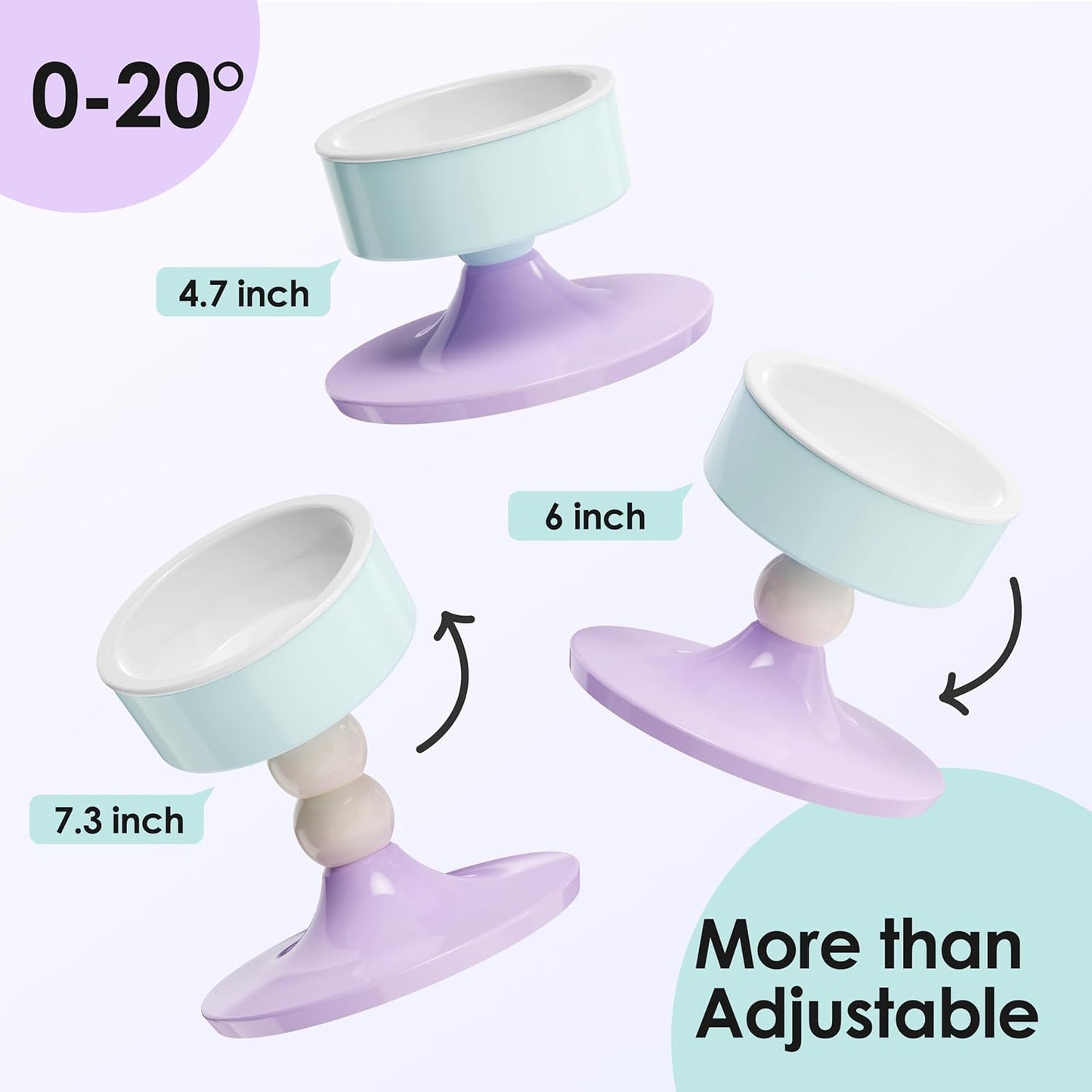 Ceramic Elevated Raised Cat Bowls,3 Heights Adjustable Raised Dog Bowl Stand for Indoor Cats and Small Dogs,15° Tilted Cat Food Feeding Dishes,Adjusts to 4.69", 5.98", 7.28" (Pink & White)