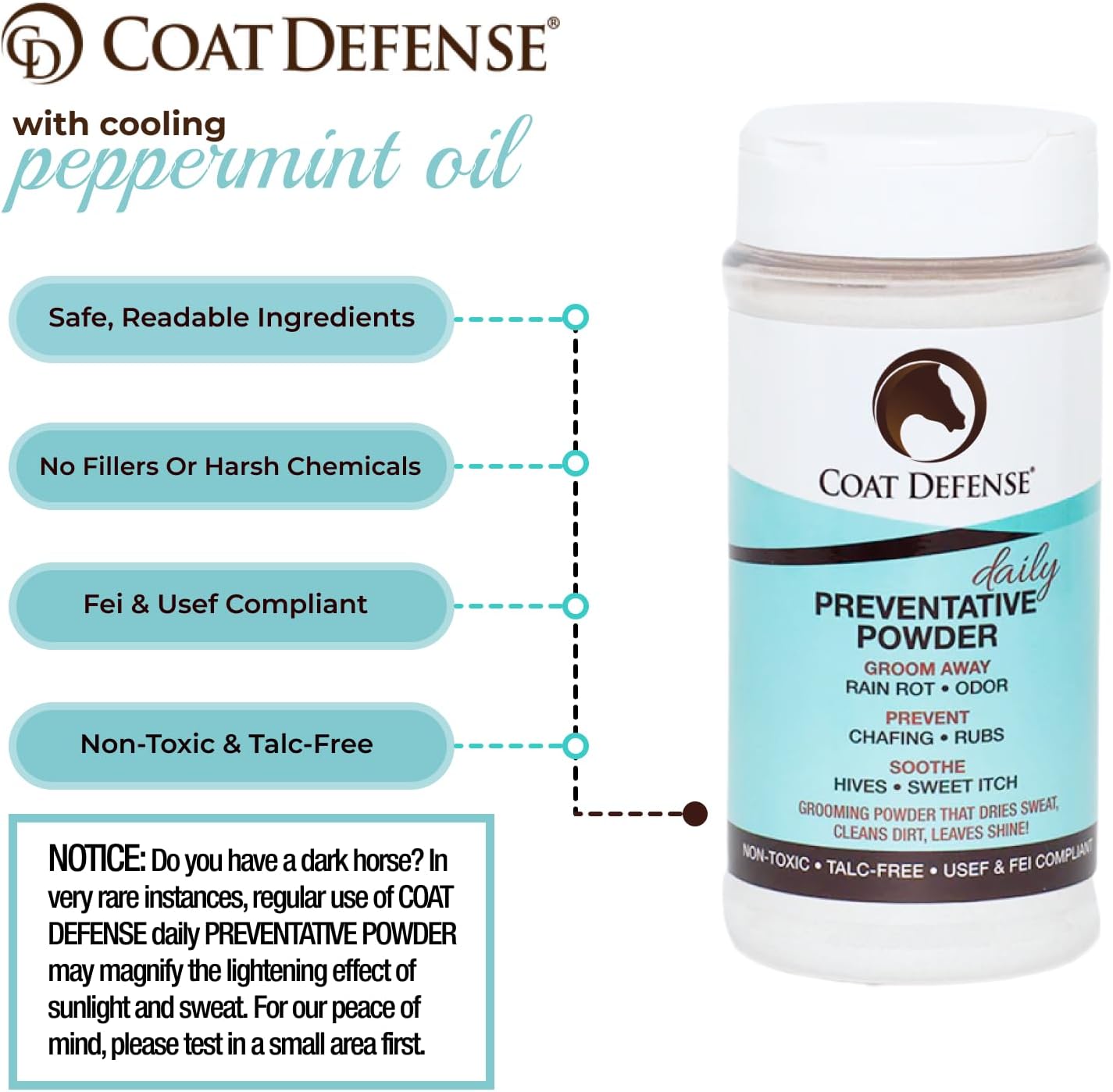 COAT DEFENSE Daily Grooming Powder for Horses | Dry Shampoo with Natural Ingredients | 64 oz Formula for Fresh, Healthy-Looking Coat