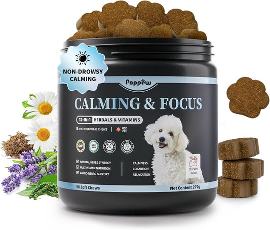 Calming Chews for Dogs – Calming Treats for Anxiety, Stress, Separation, Travel&Thunder, Relaxation & Focus Support with L-Theanine, Valerian Root, Chamomile & Ashwagandha, Chicken Flavor, 90Ct