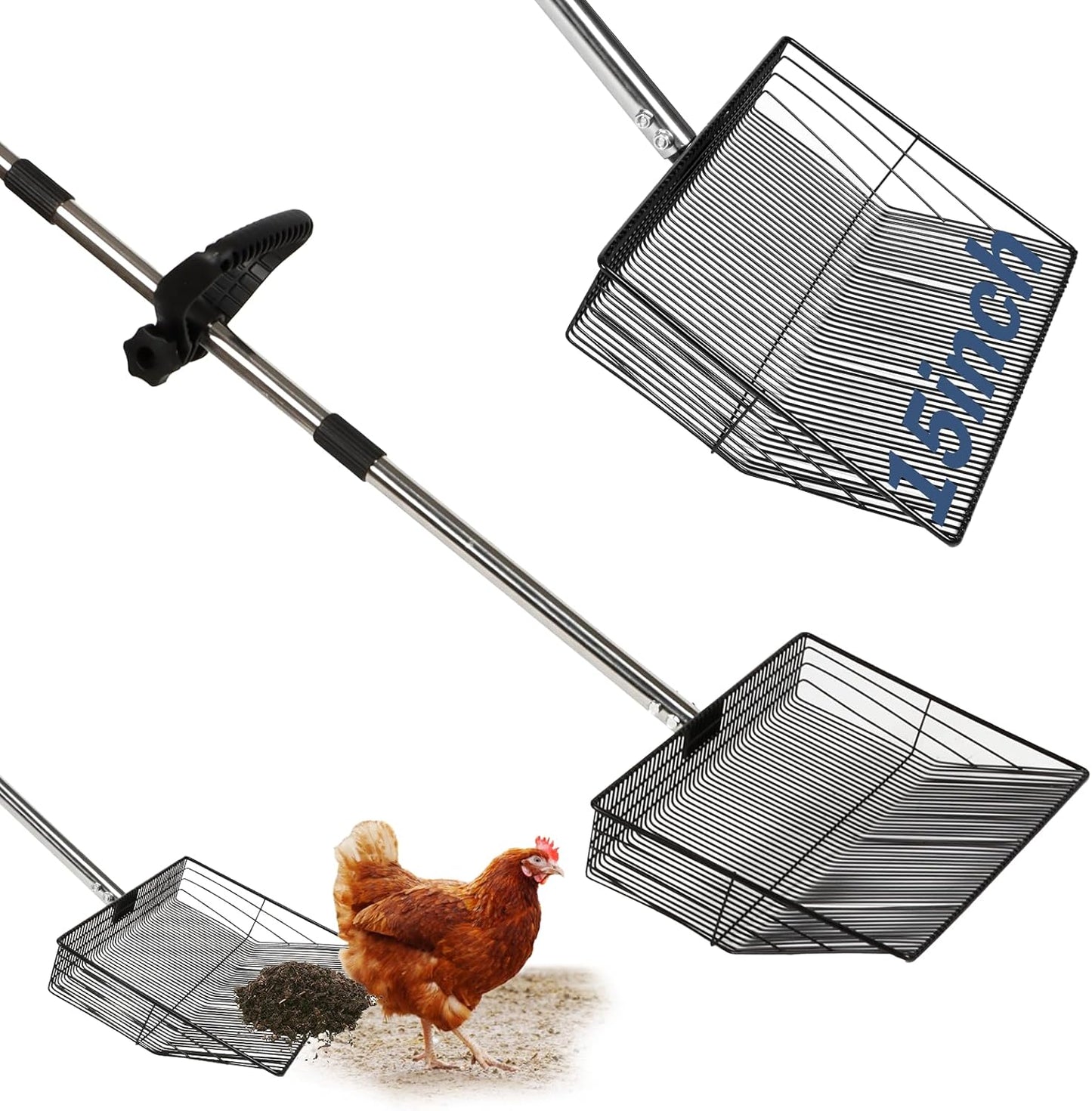 15" Extra-Wide Chicken Poop Scooper โ Ergonomic Adjustable Handle (24-70in), Stainless Steel Sifting Shovel Deep Litter Cleaning for Chicken Coops, Goat - Chicken Coop Scoop for Sand, Straw, Hemp