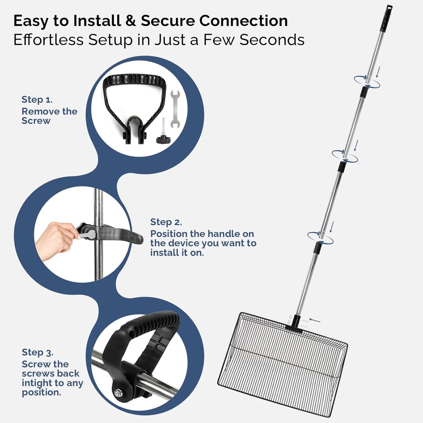 15" Extra-Wide Chicken Poop Scooper โ Ergonomic Adjustable Handle (24-70in), Stainless Steel Sifting Shovel Deep Litter Cleaning for Chicken Coops, Goat - Chicken Coop Scoop for Sand, Straw, Hemp