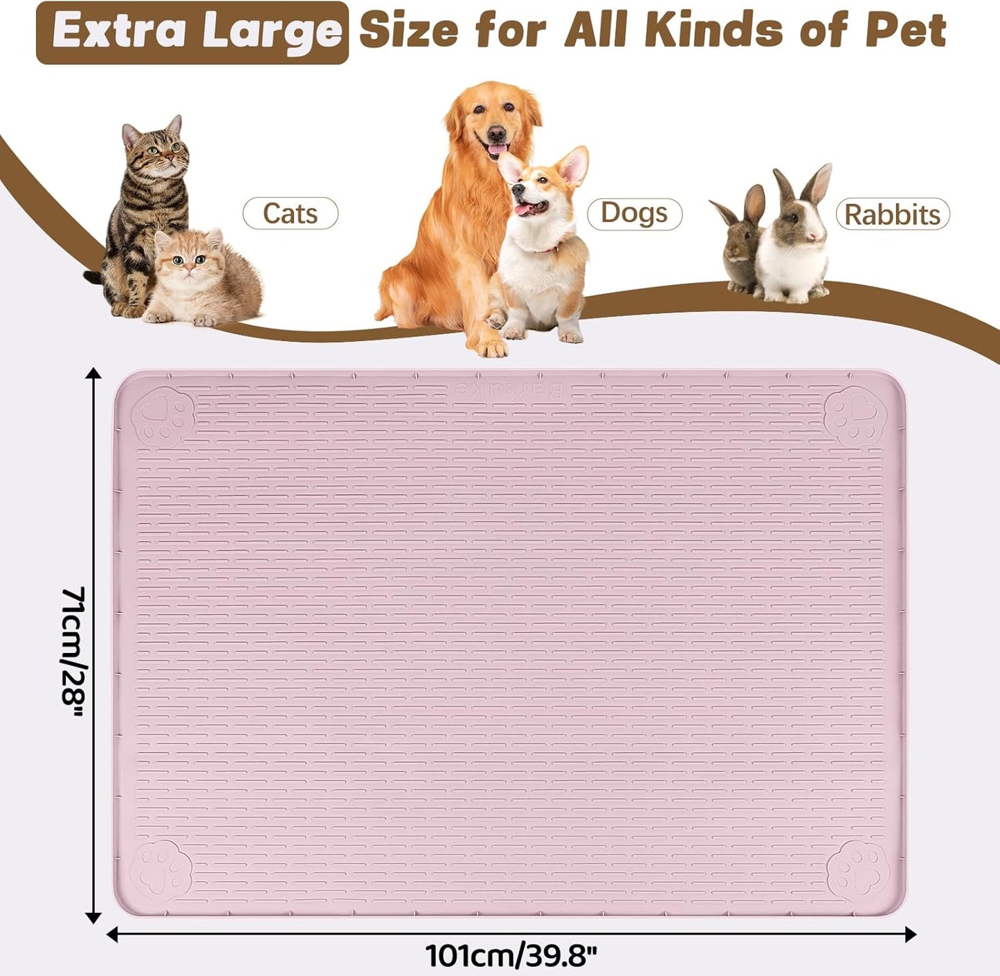 Cat Food Mat, 40" x 28" Extra Large Silicone Pet Feeding Mat with Raised Edge Pet Placemat for Food and Water Bowl Non-Slip, Easy to Clean, Floor Protection (Pink)