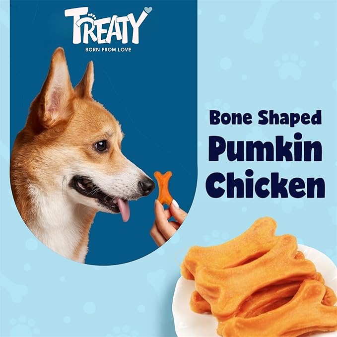 Treaty Healthy Pumpkin Puree Chicken Dog Treats 32 oz Baked Bone Shape Soft Chews All Natural Human Grade Training Rewards and Daily Treats with Real Chicken and Pumpkin Digestive Support
