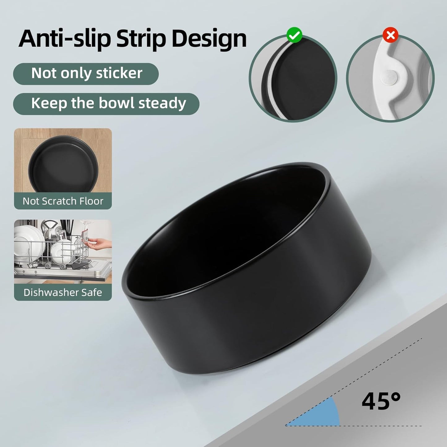 Ceramic Raised Double Bowls Set with Stand, Food & Water Bowls for Medium Breed Dogs, Weighted Dog Dishes, Pet Bowl(7.3'',41OZ, Black)