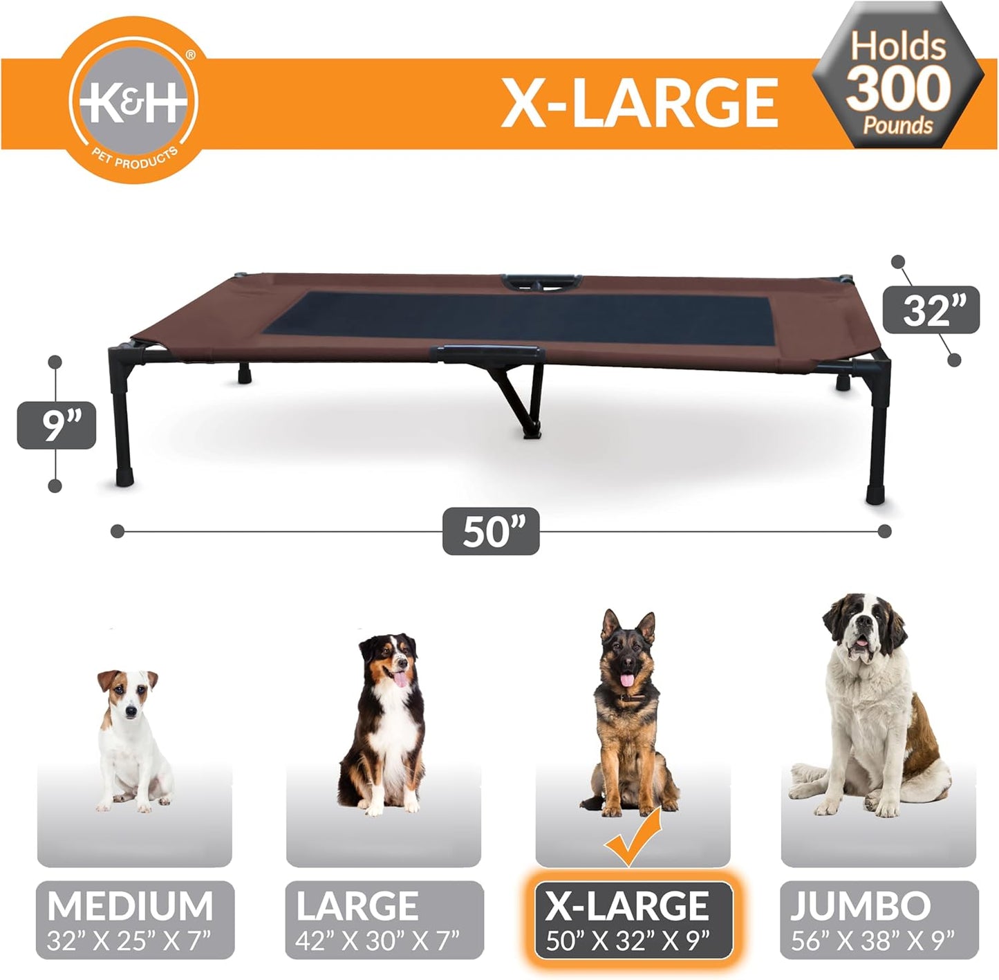 K&H Pet Products Outdoor Elevated Dog Cot, Breathable Cooling Elevated Cot Hammock Pet Bed for XL Dogs, Washable Mesh Cover, Raised Metal Frame, Collapsible, Portable - Extra-Large 50 X 32 Chocolate