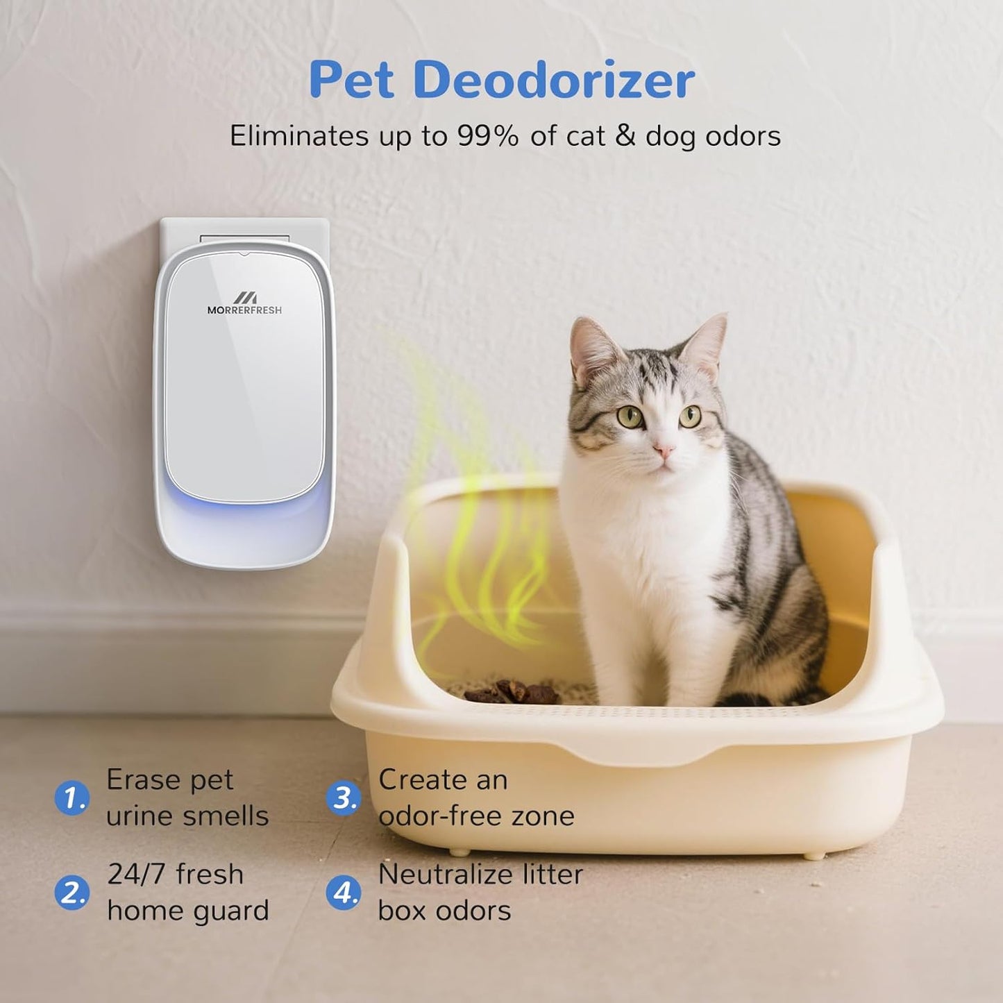 Cat Litter Deodorizer ā 99% Odor Eliminator for Strong Pet Odors, Plug In Negative Ion Air Purifier for Litter Box, Home, Kitchen, Bathroom, Ozone-Free & Quiet Portable