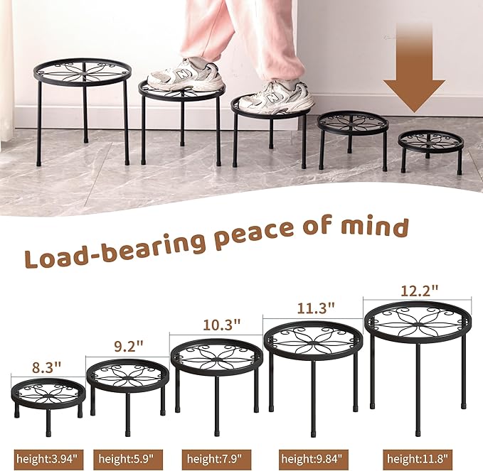 Plant Stand Indoor Outdoor 5 Pack Heavy Duty Metal Stand Multiple Plants, Anti-Rust Iron Flower Pot Stand Decoration Racks Plant Pot Shelf for Living Room Garden Balcony (Black)