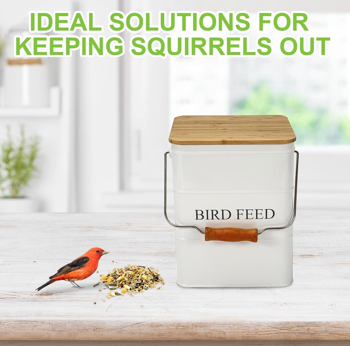 Bird Seeds storage container,Bird Seed Container,Metal food tin for Birds, pet snacks Canisters with wooden lid/handle/sevice scoop,hold 5-6 lbs