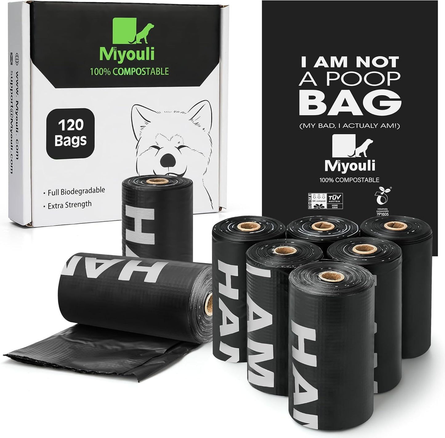 100% Certified Compostable Dog Poop Bag Rolls, 120 Bags (8 Rolls) Eco-Friendly Poop Bags for Dogs, Leak Proof Unscented Easy Open Poop Waste Bag(Black)