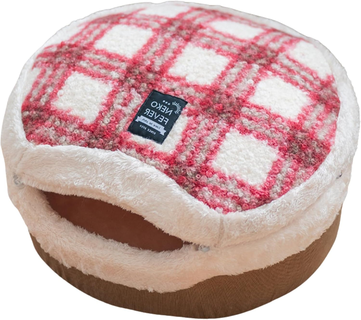 Cat Cave Bed – Plush, Warm & Calming Hideaway with Detachable Lid & Mat, Covered House for Indoor Kitten & Kitty (Redwhite)
