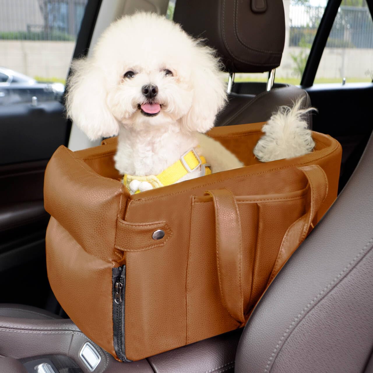2 and 1 Center Console Dog Car Seat & Carrier for Small Dogs, Large Leather Dog Car Bed with Storage Pocket, Waterproof PVC Leather Seat Travel Bed for Front & Back Seat, Clip-On Safety Leash