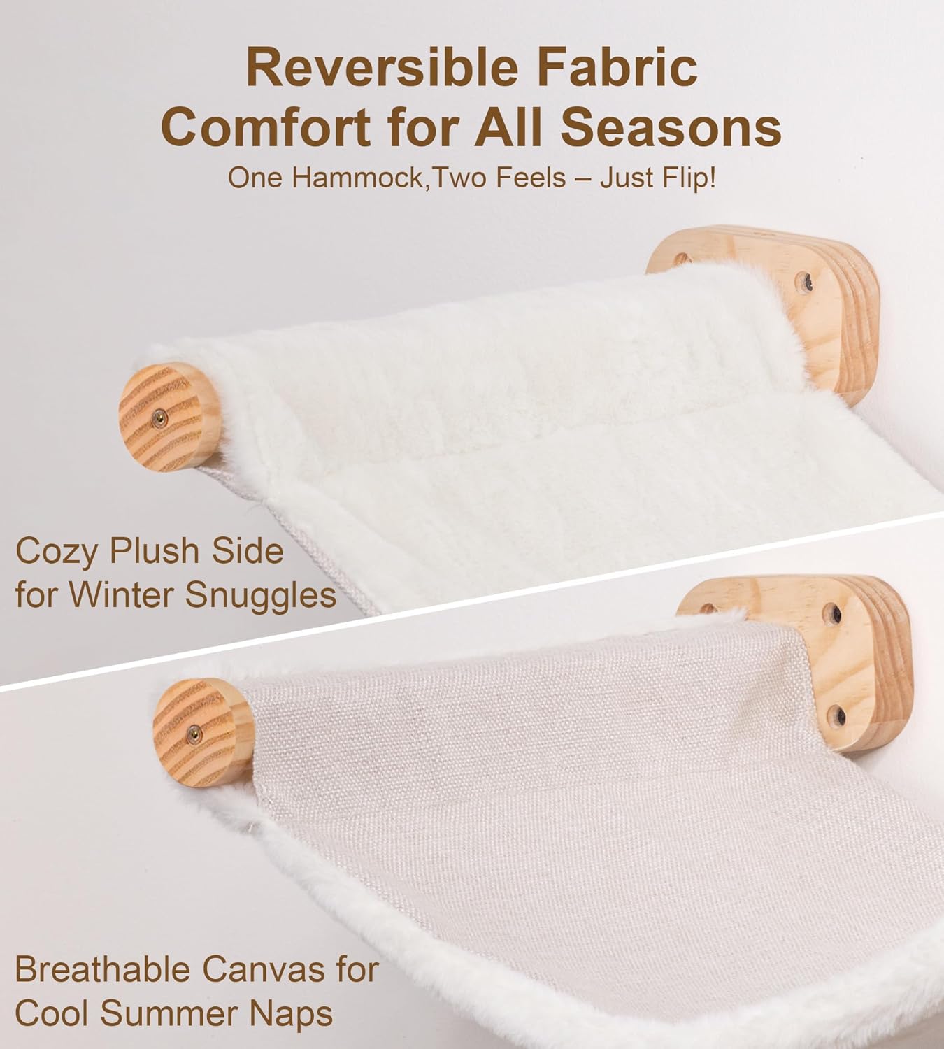 Cat Wall Hammock Shelves, Dual-Sided Cat Bed with Canvas & Plush Fabric, Wall Mounted Shelf for Large Cats, Space-Saving Perch for Lounging & Napping