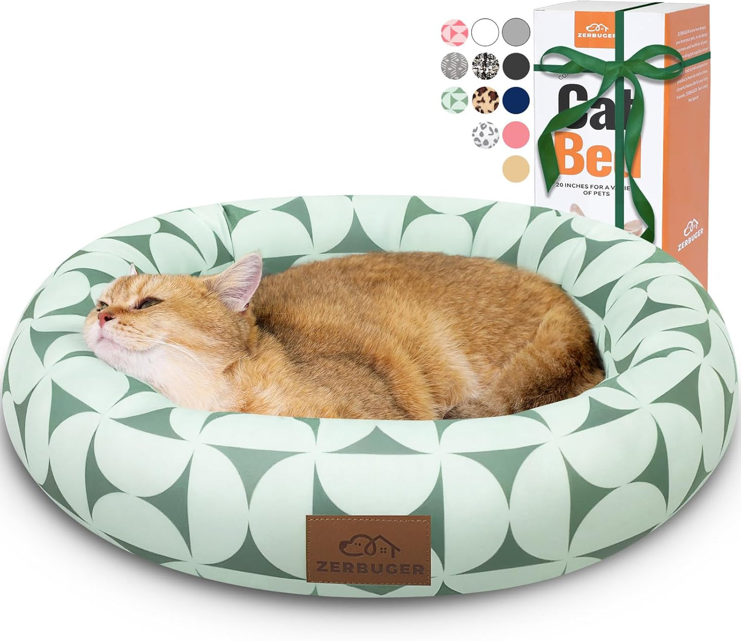 Cat Bed, 20In Dog Beds for Small Dogs, Calming Cat & Dog Beds for Indoor Pets, Pet Beds Comfortable Donut Round Ultra Soft (Green Pattern, 20.0" L x 20.0" W x 6.5" Th)