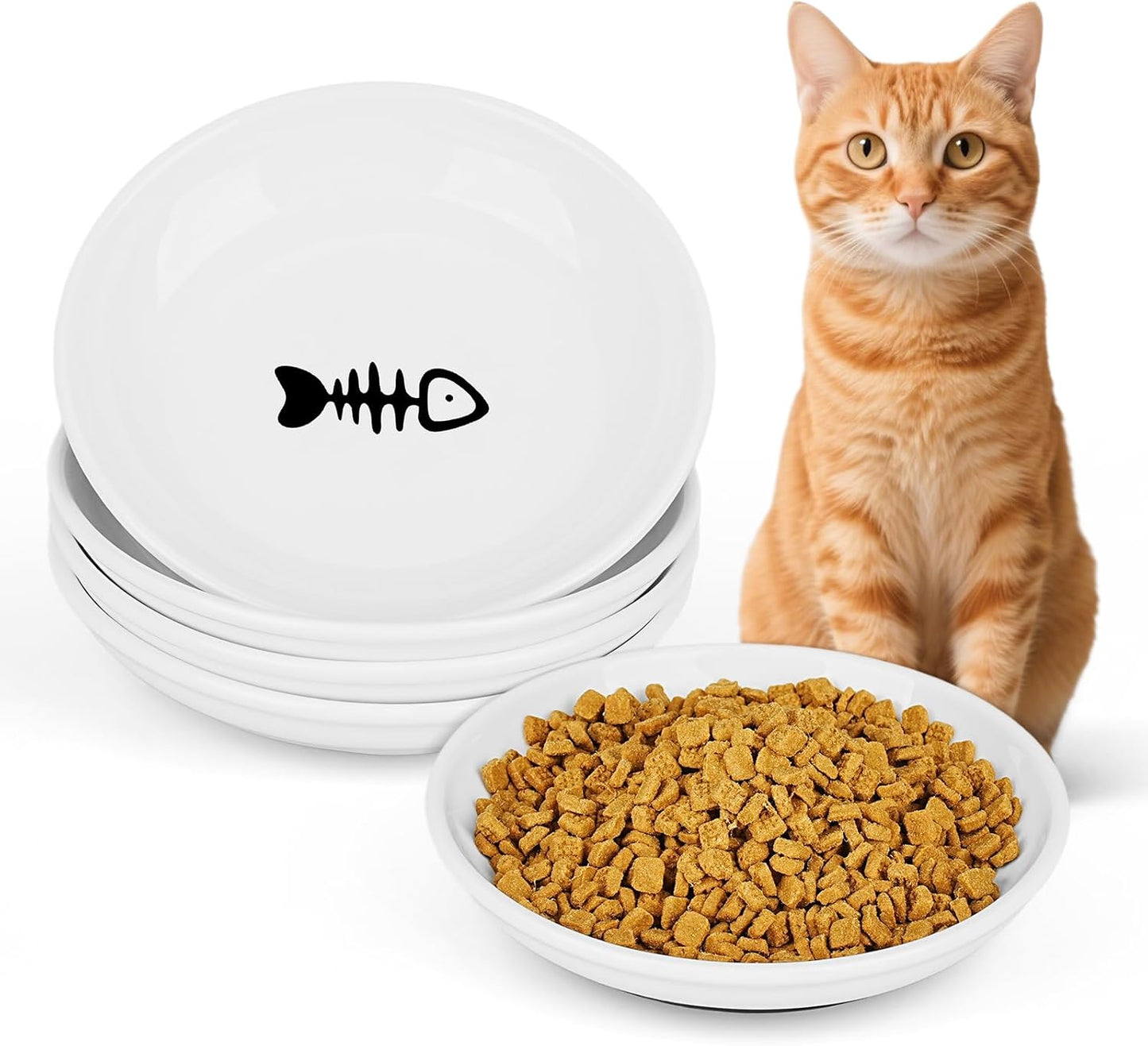 Ceramic Cat Food Bowls - 4 Pack Shallow Plates for Wet Food, Whisker-Friendly Feeding Dish with Non-Slip Silicone Base, Microwave & Dishwasher Safe for Indoor Cats & Kittens