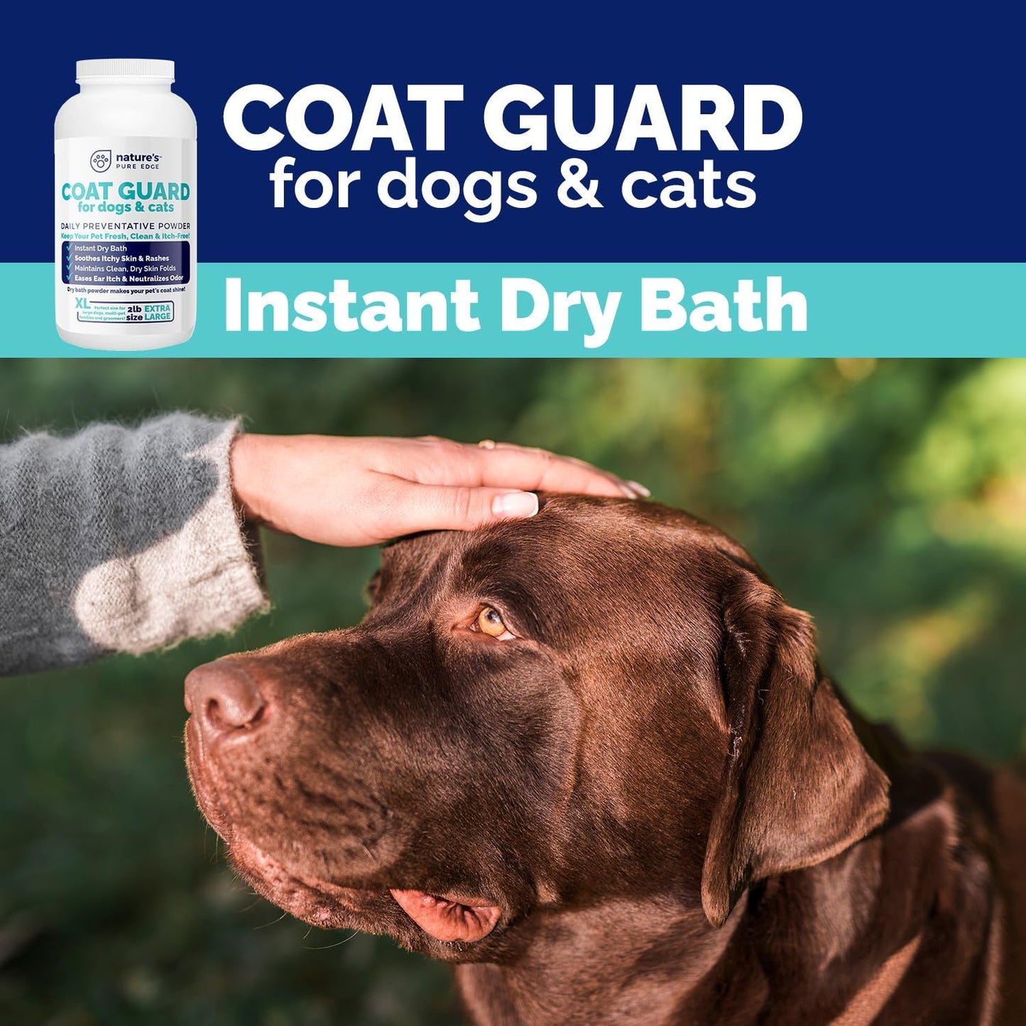 Coat Guard Dry Shampoo for Dogs and Cats - Extra Large 2 lbs Jar, Dog Dry Shampoo Powder, Waterless Dog Shampoo, Anti Itch Relief, Cedar Scented, Anti Dandruff, Hot Spots, Nature's Pure Edge